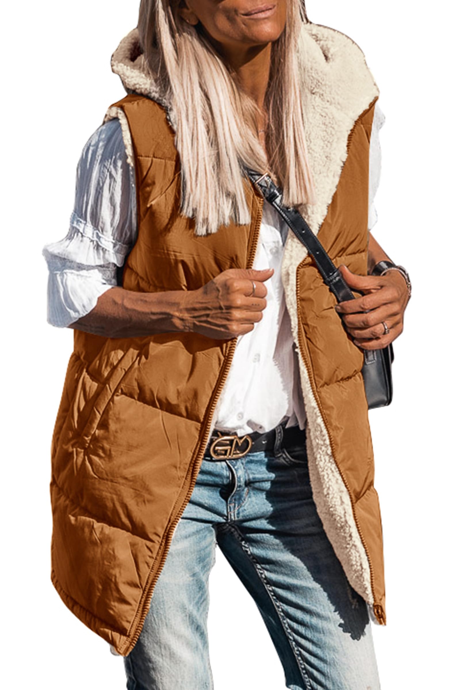 Women's Winter Reversible Fleece Long Vests(Brown,S)