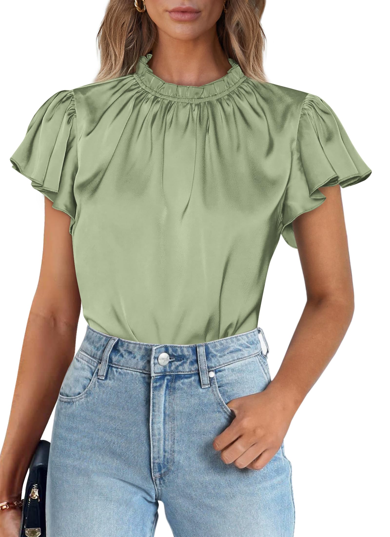 Women's Satin Tops Business Casual Work Blouses, Mint Green,S