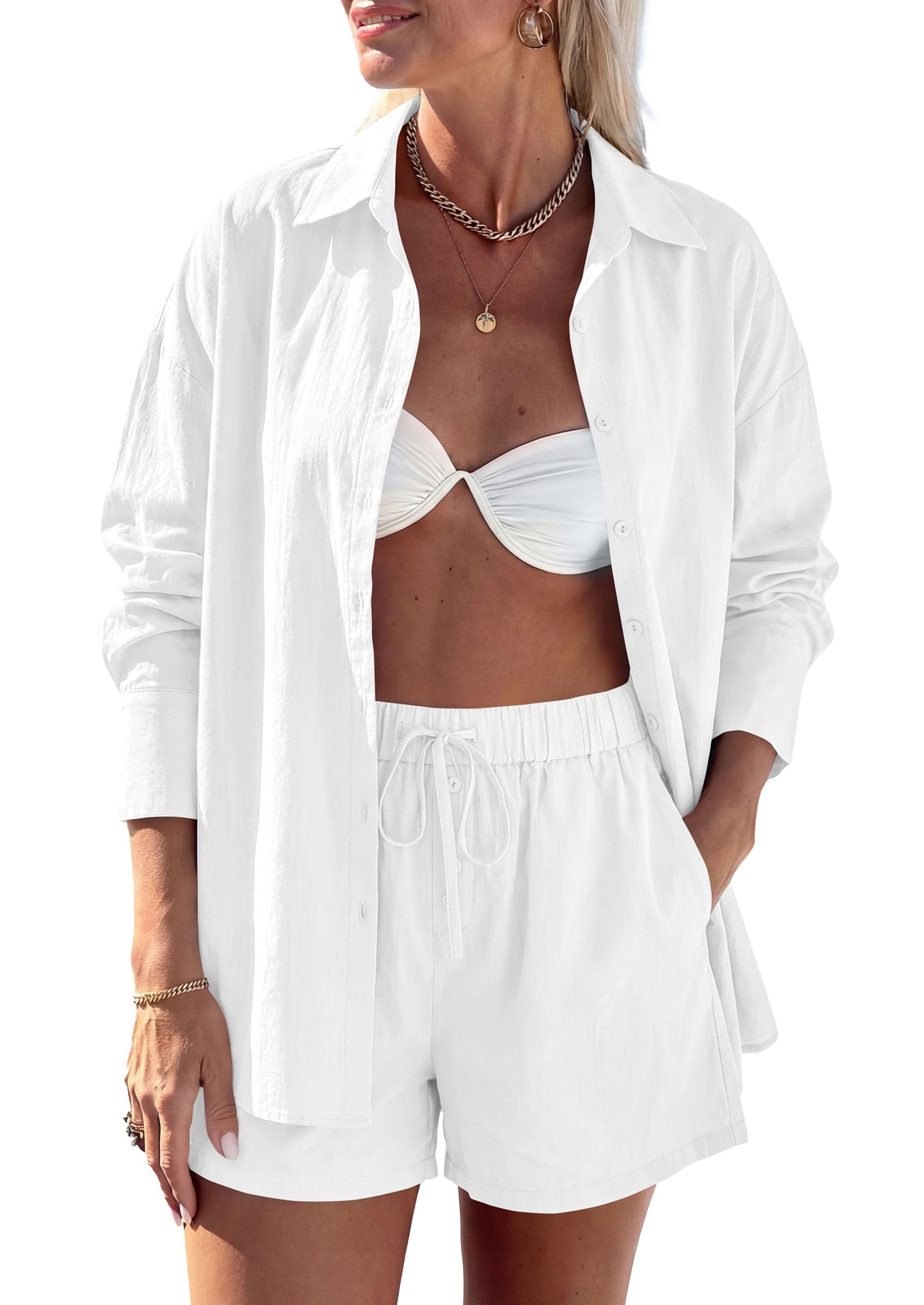 Women's Summer 2 Piece Outfits Lounge Sets (White,S)