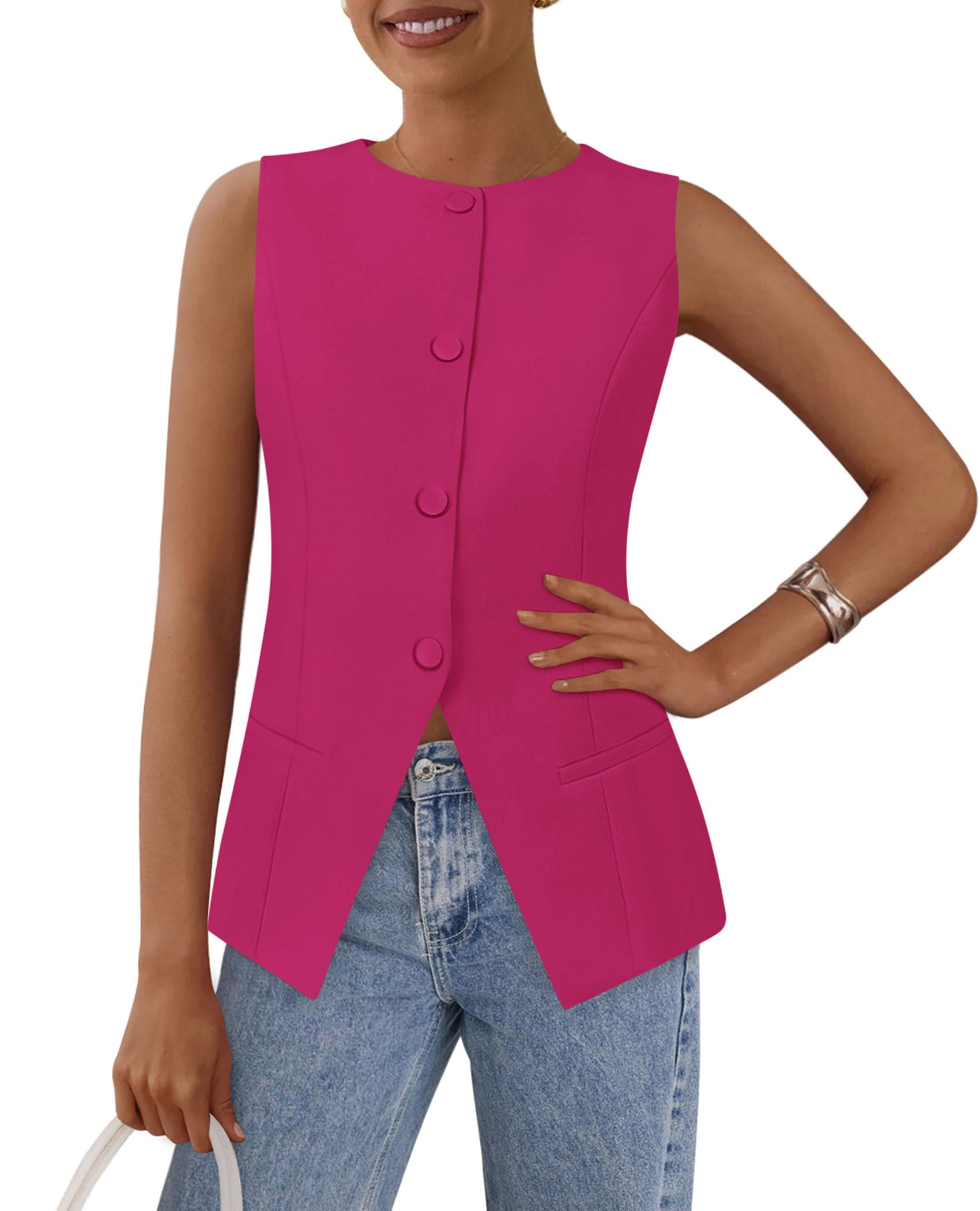 Women Tailored Suit Vest Business Casual Tops, Rose Red,M