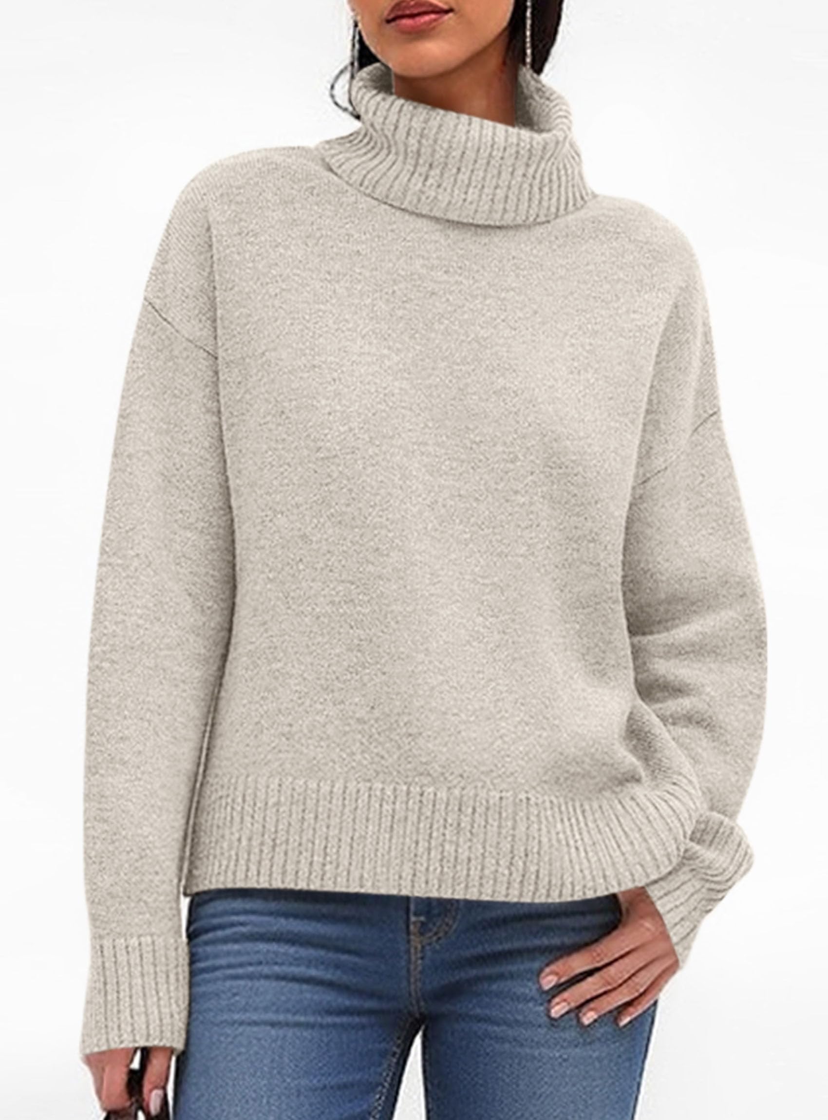 Womens Turtleneck Long Sleeve Knit Sweater,Light Grey,S