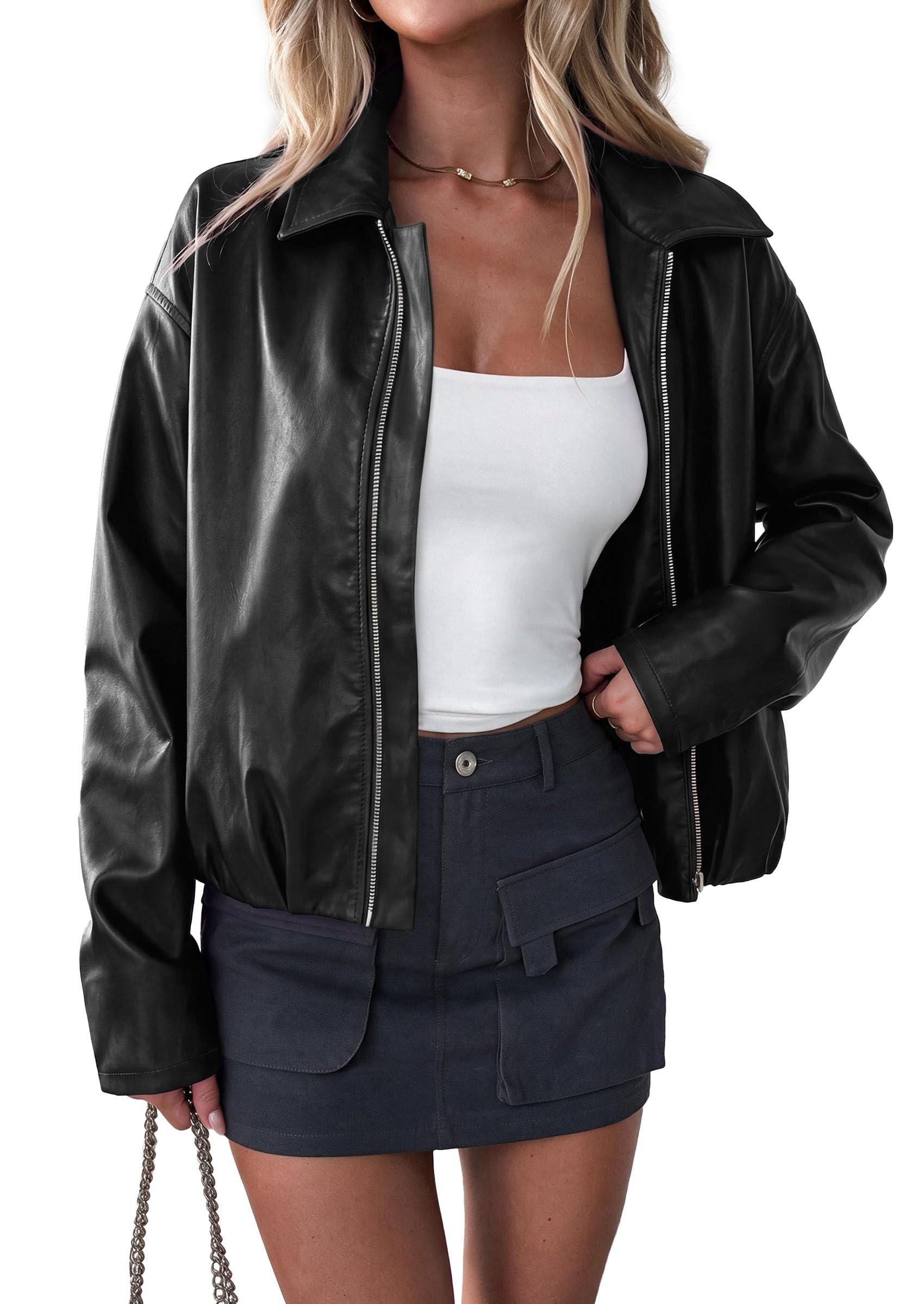 Womens Faux Leather Motorcycle Jackets Fall Cropped Coats