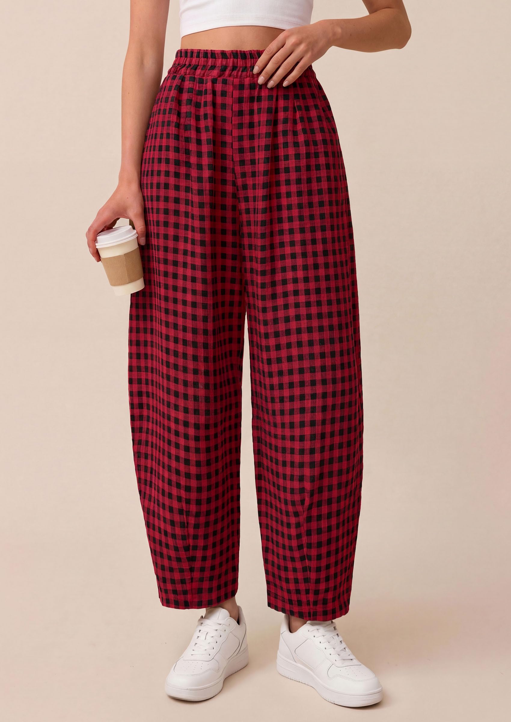 Plaid Barrel Pants Women Summer Bottoms, Black Red Plaid,S