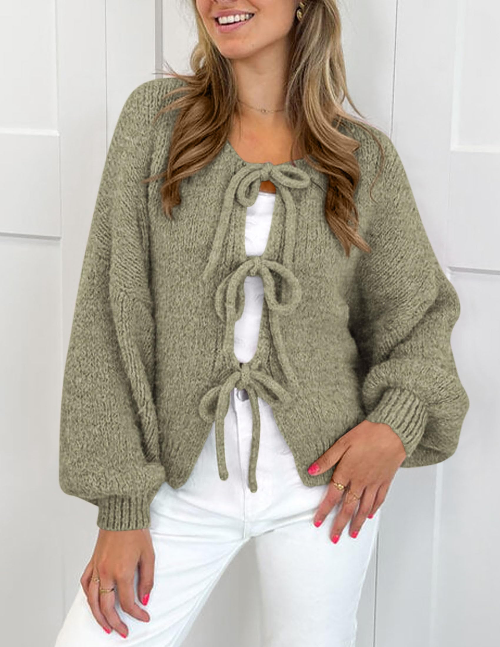 Women's Tie Front Bow Cardigan Sweaters(Mist Green,Small)