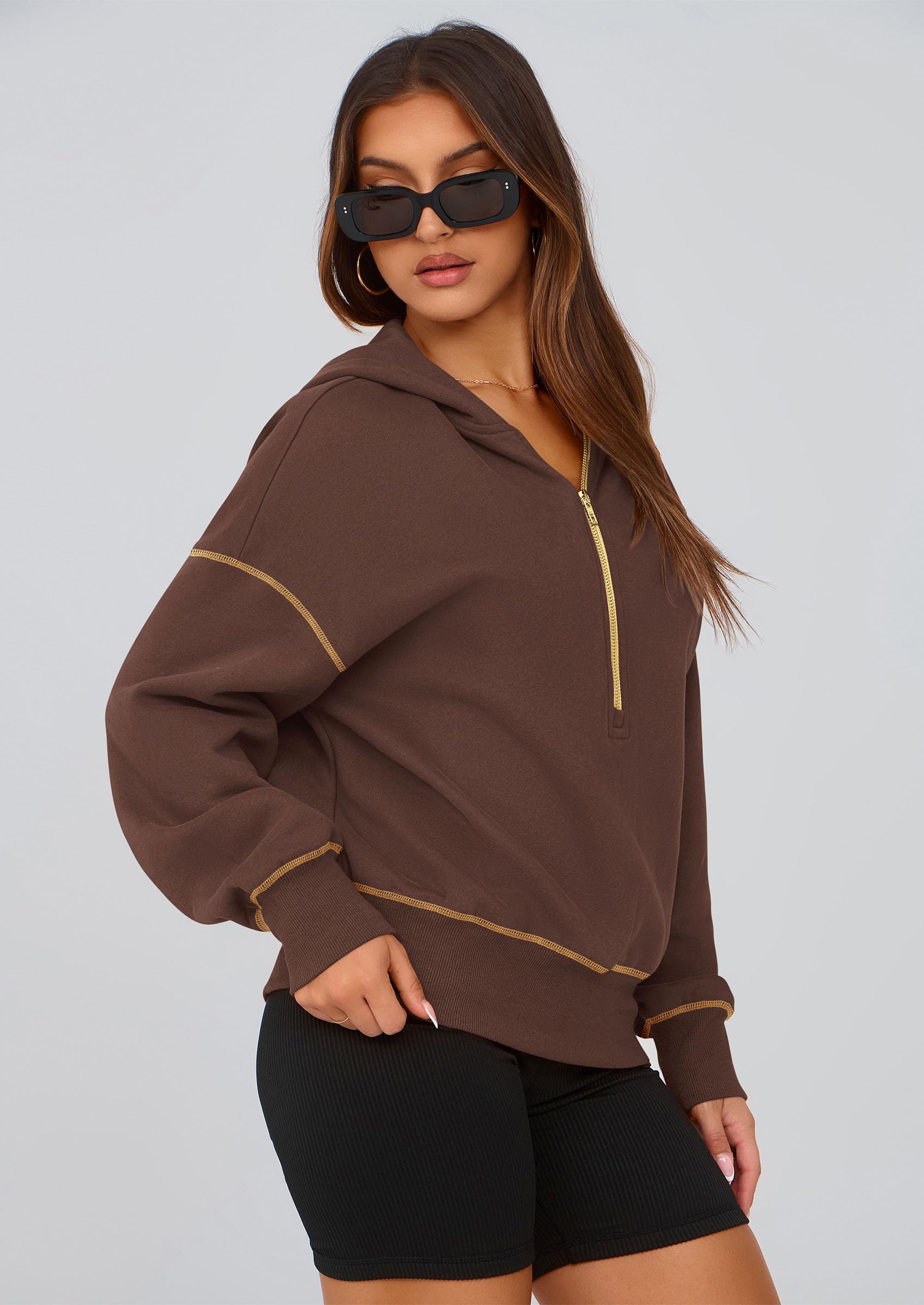 Women's Fall Half Zip Cropped Hoodie Sweatshirt Brown Coffee