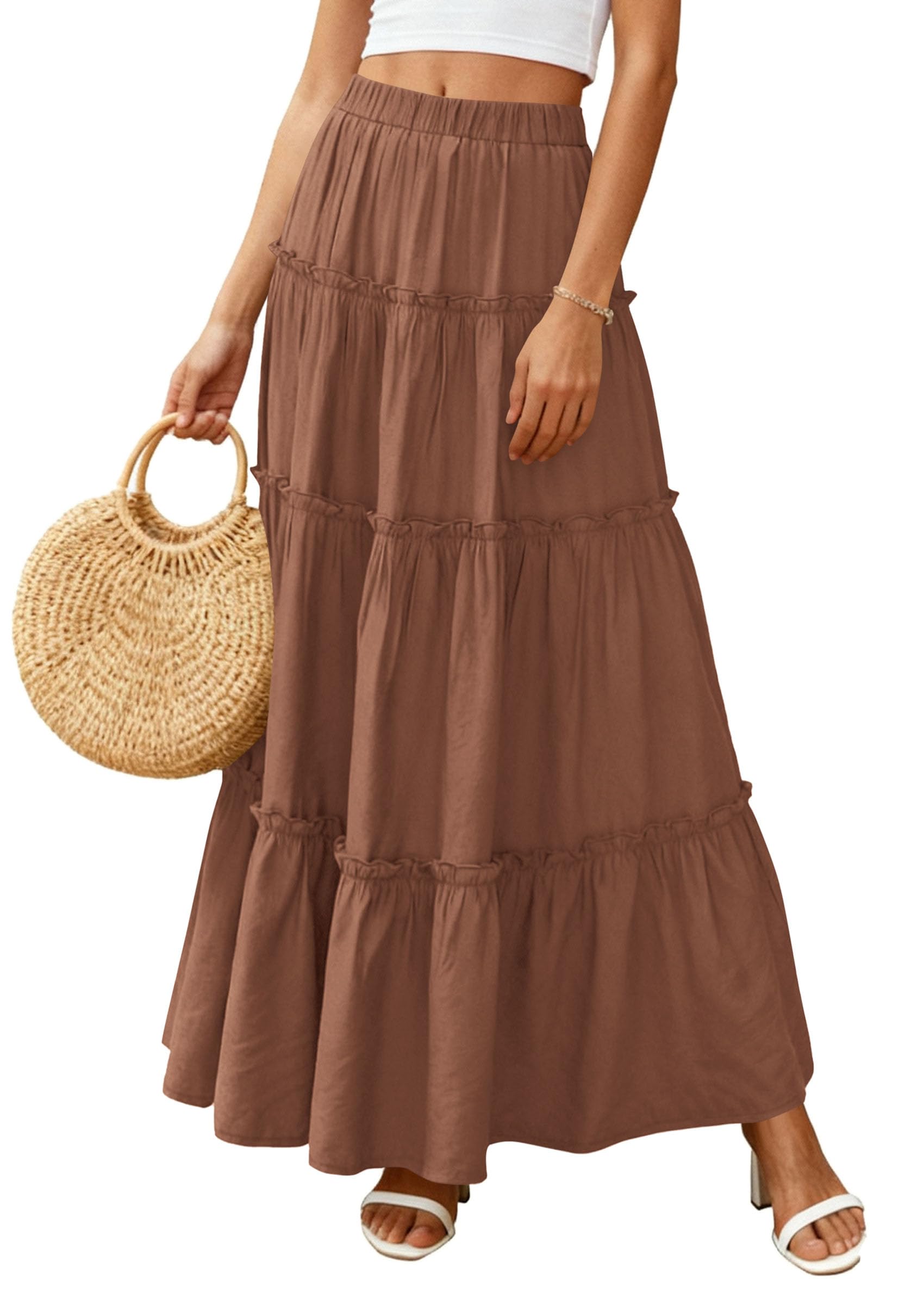 Women's Boho Tiered Ruffle Flowy Maxi Skirt, Light Brown,S