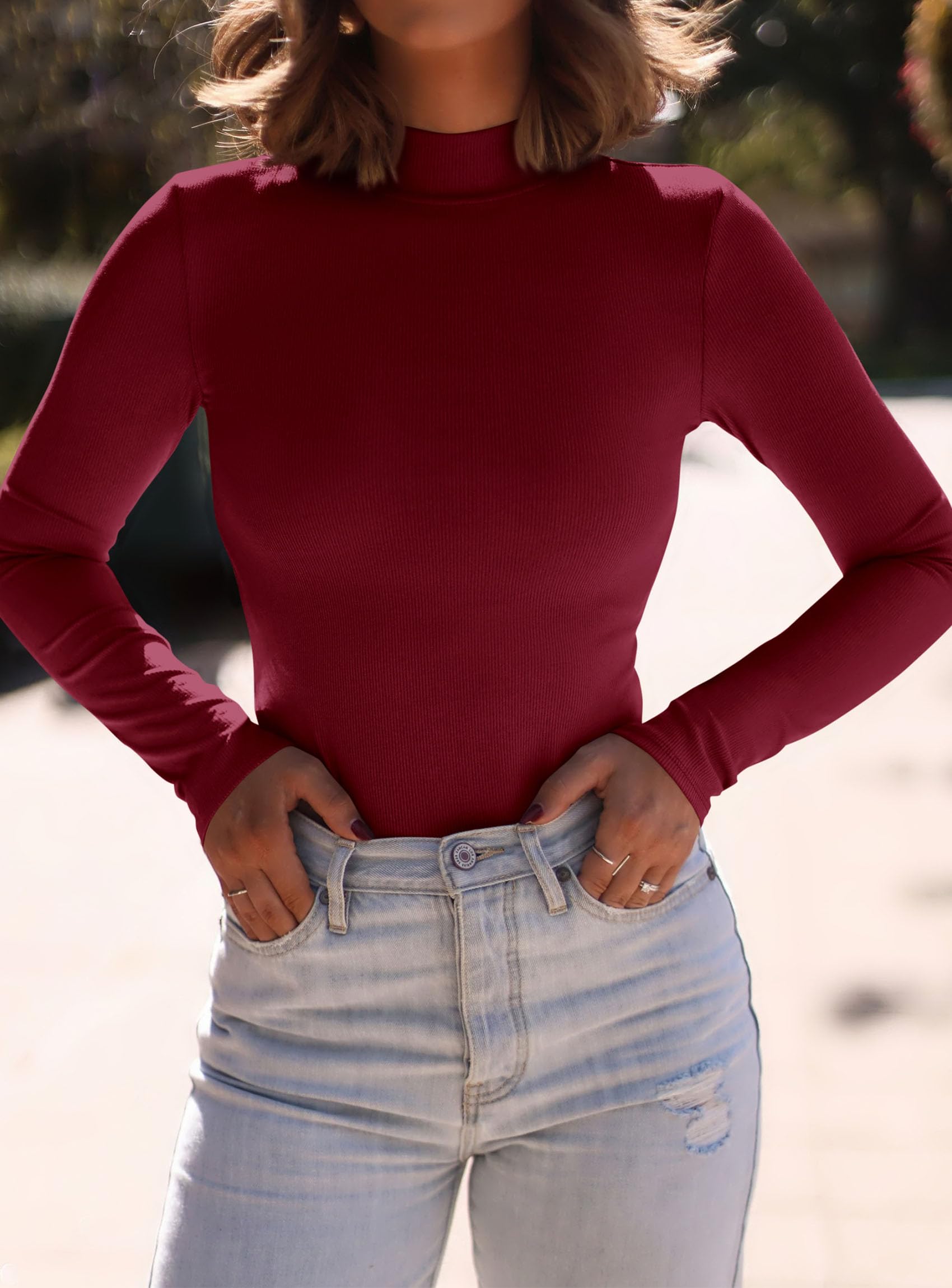 Womens Mock Turtleneck Fall Long Sleeve Shirts,Wine Red,XS