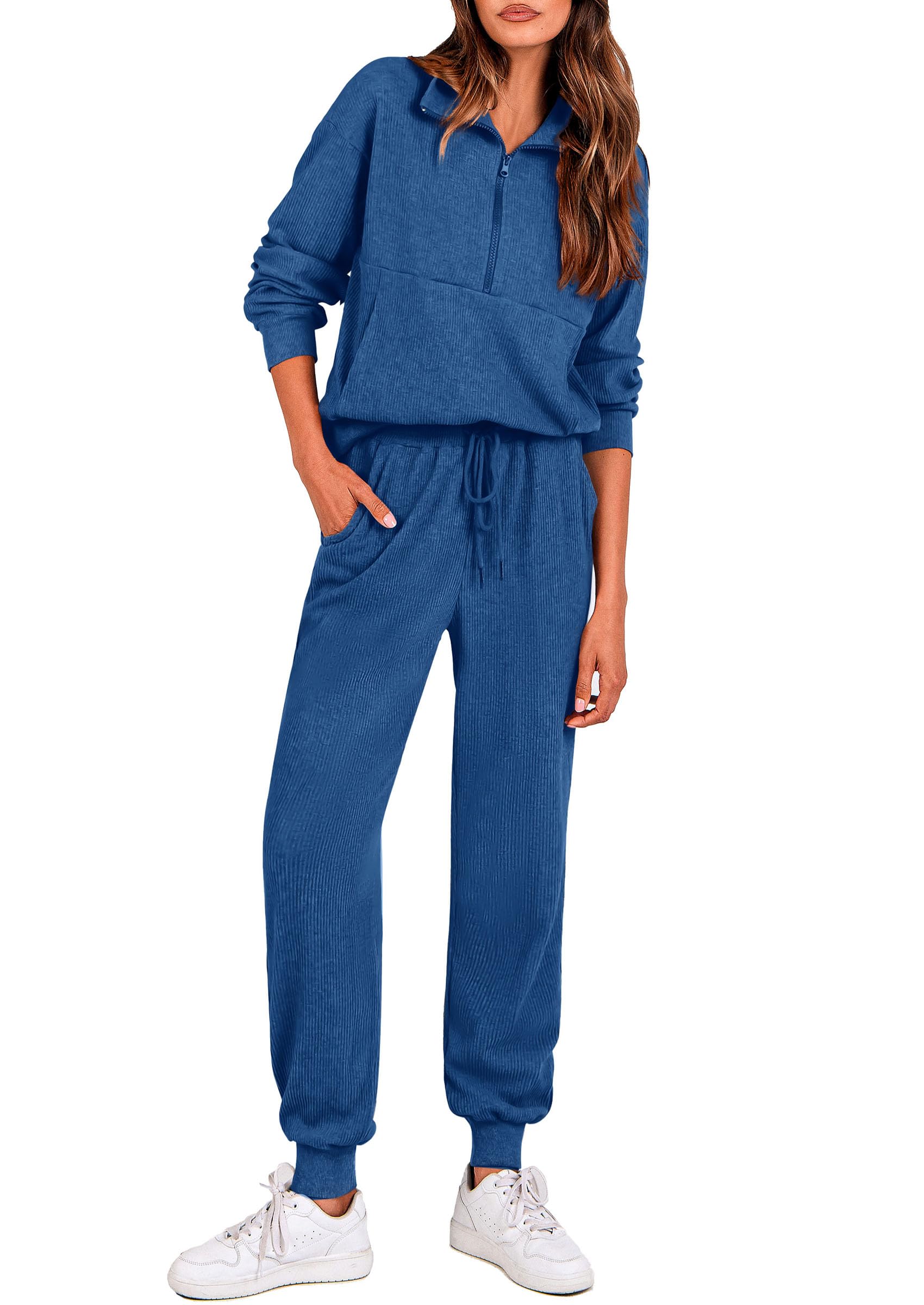 Airport Travel Outfit Women Ribbed Knit Matching Lounge Sets