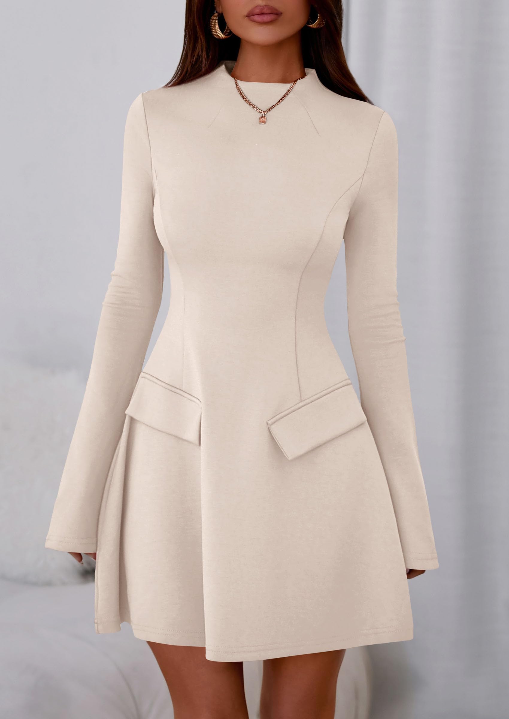 Women's Fall Bell Sleeve Short Dress,Beige Apricot,L