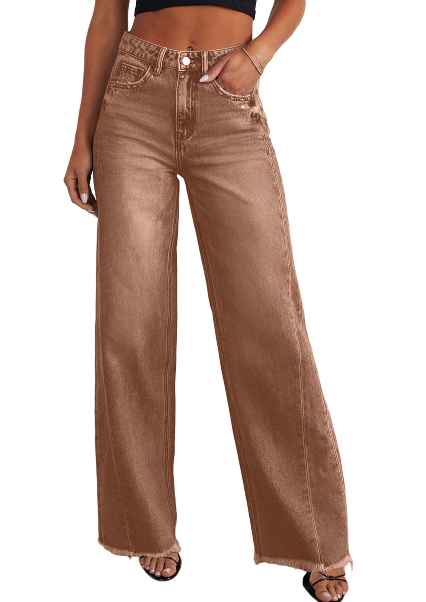 Women's Wide Leg Jeans Raw Hem Denim Pants,Brown,6