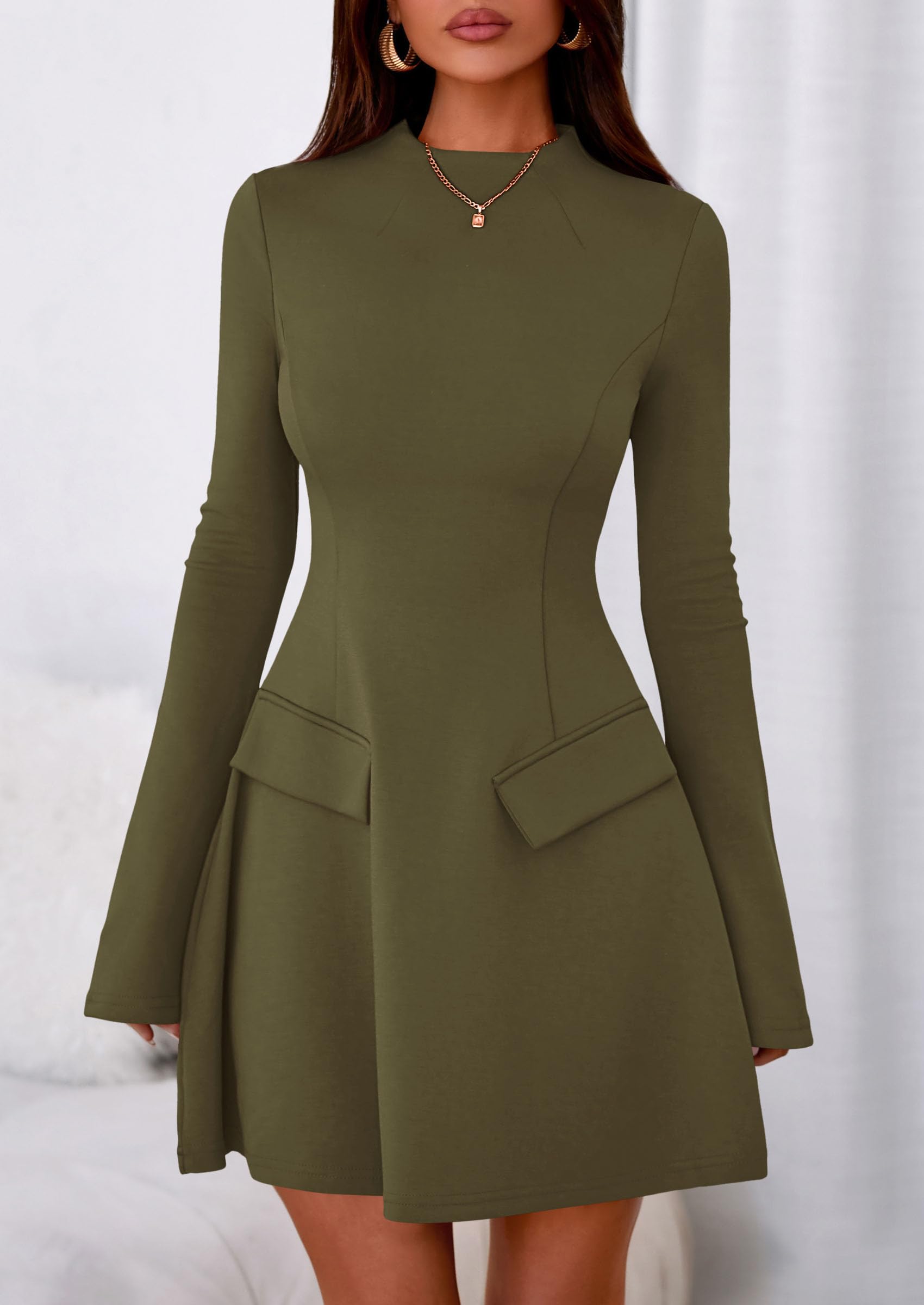 Women's Fall Bell Sleeve Short Dress,Army Green,XS