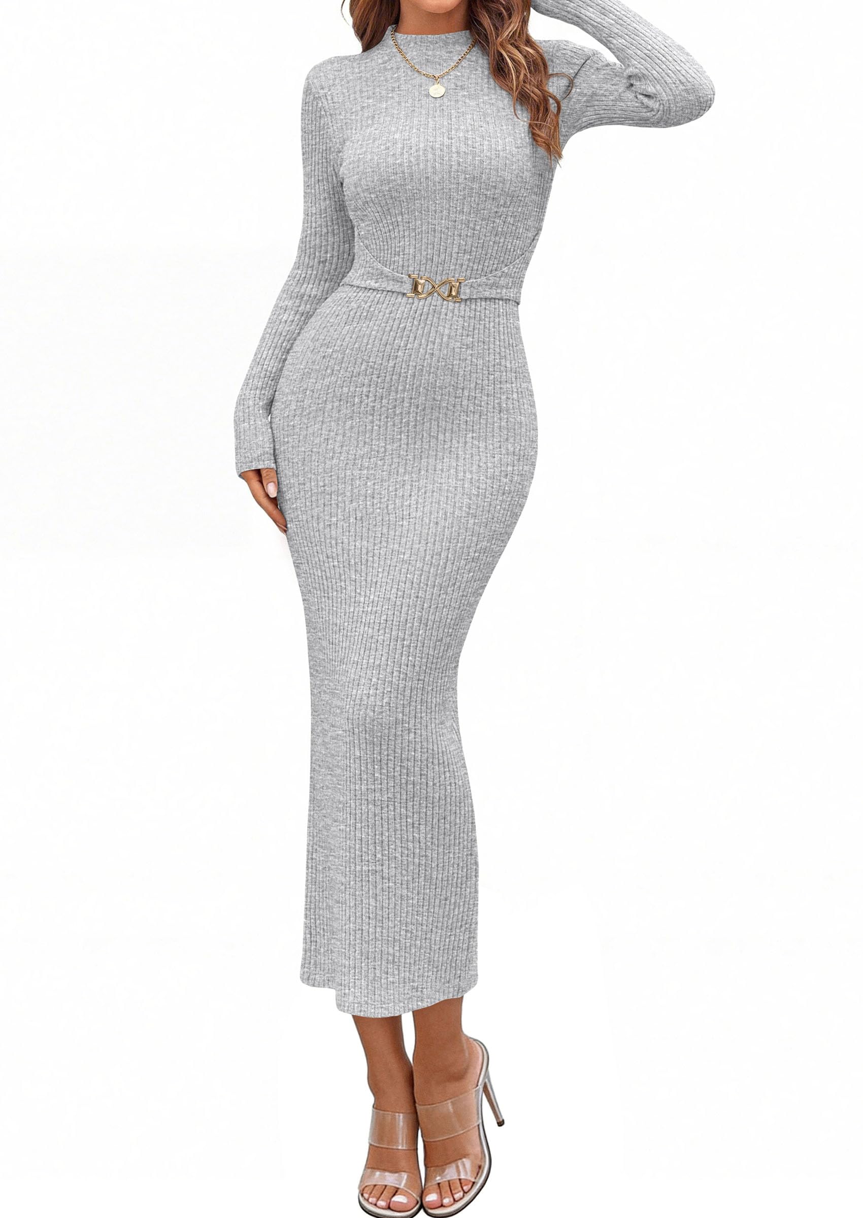 Women's Long Sleeve Bodycon Maxi Sweater Dress Grey White,XS