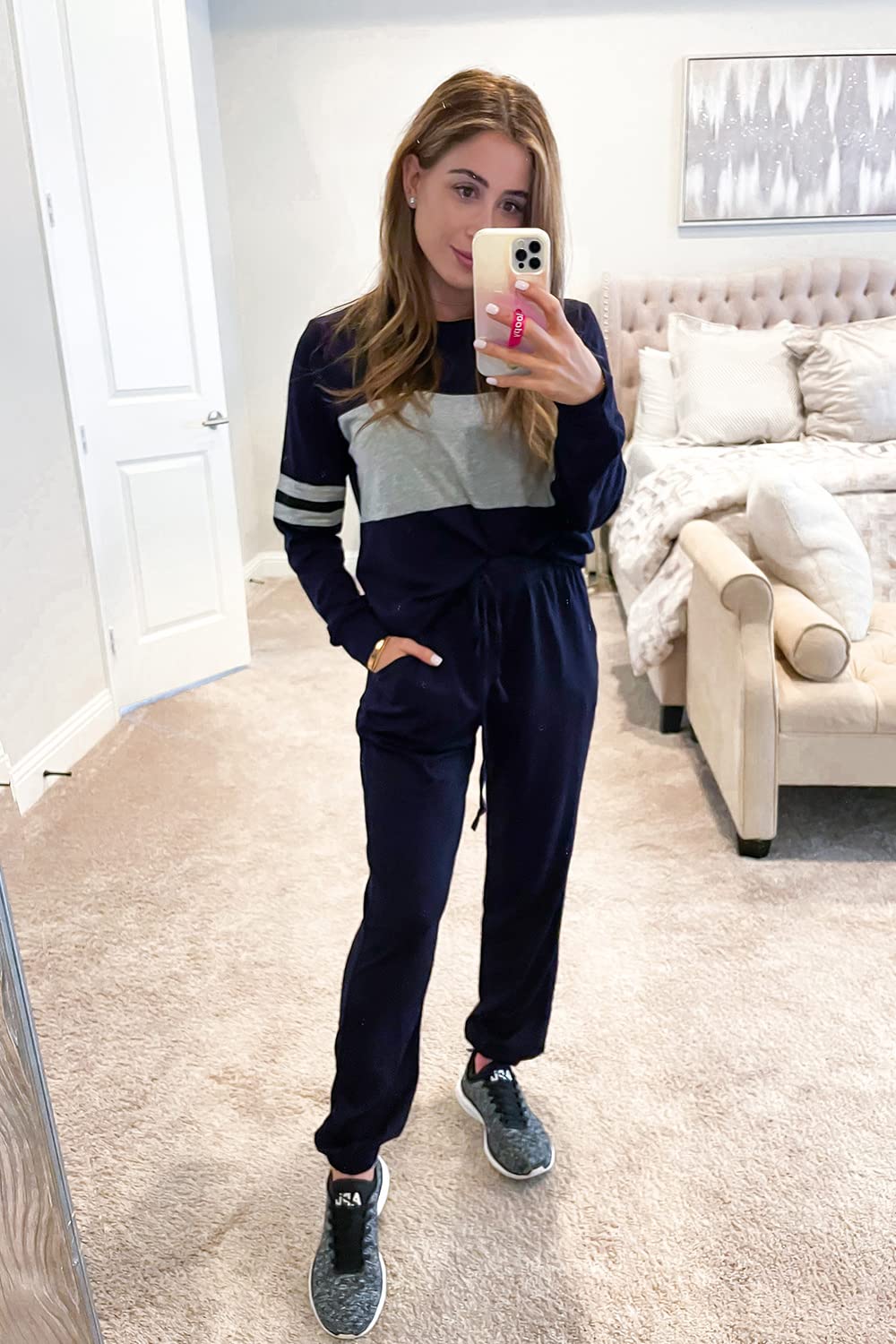 Women Color Block 2 Piece Sets Tracksuit,Navy,S