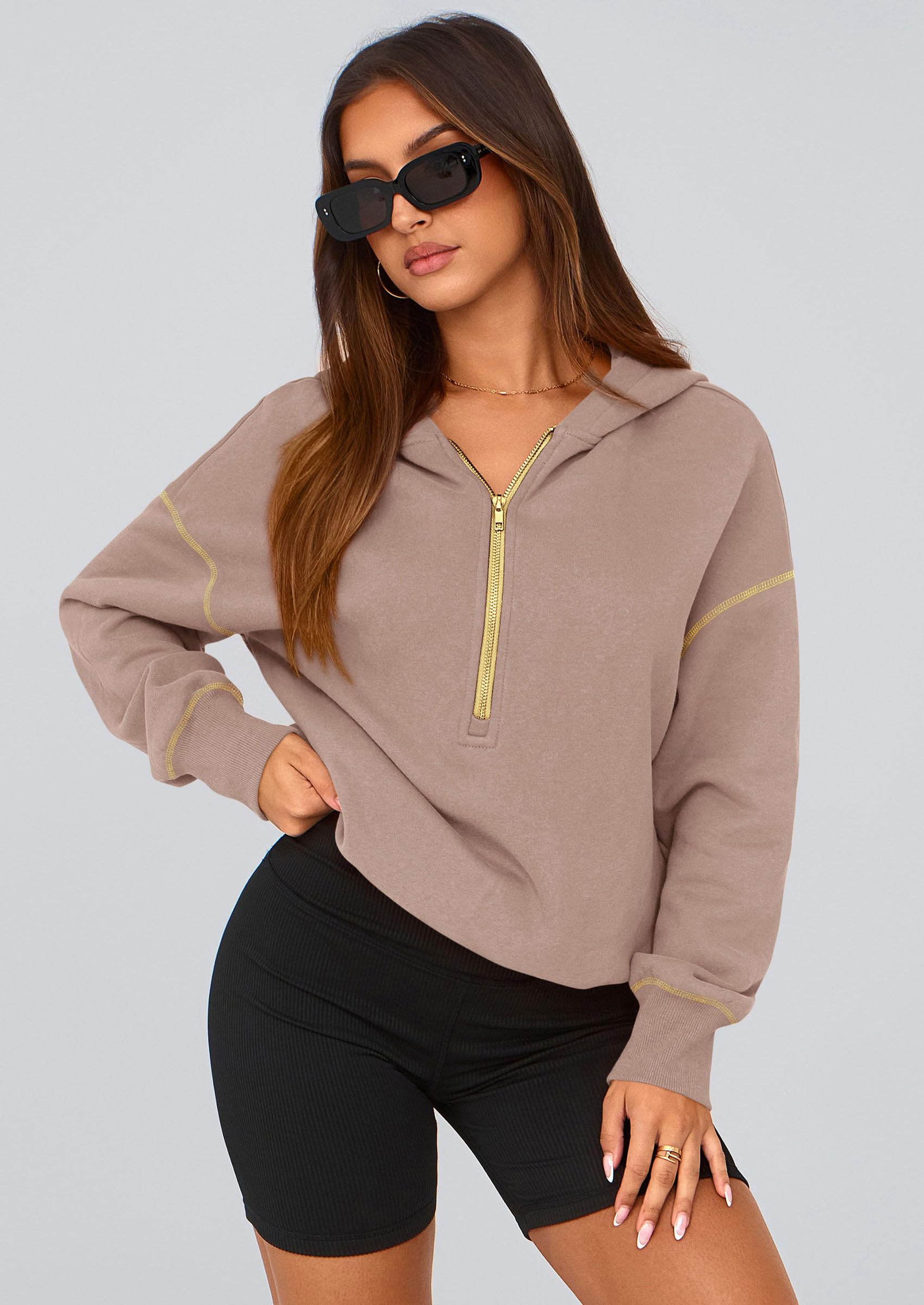 Women's Fall Half Zip Cropped Hoodie Sweatshirt Khaki