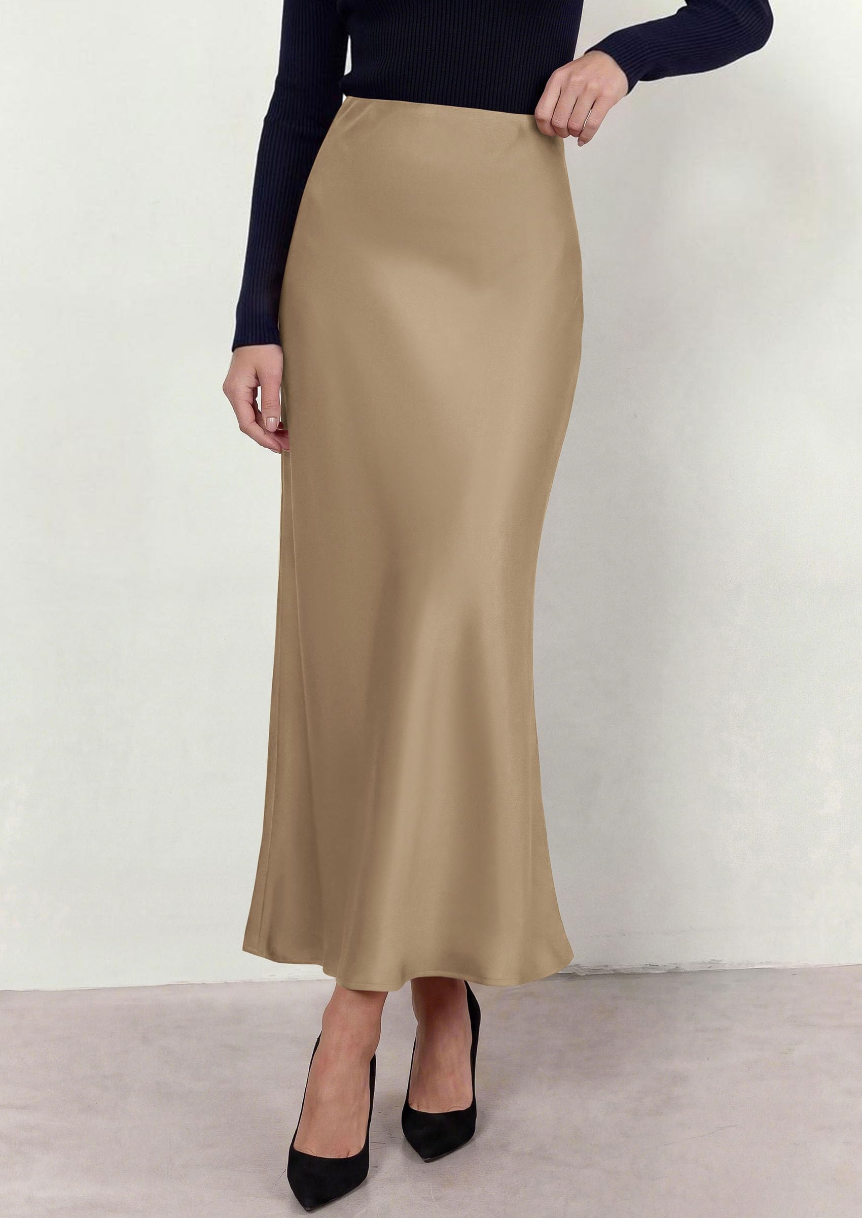 Women's Silk Satin Maxi Skirts Fall Clothes (Khaki,S)