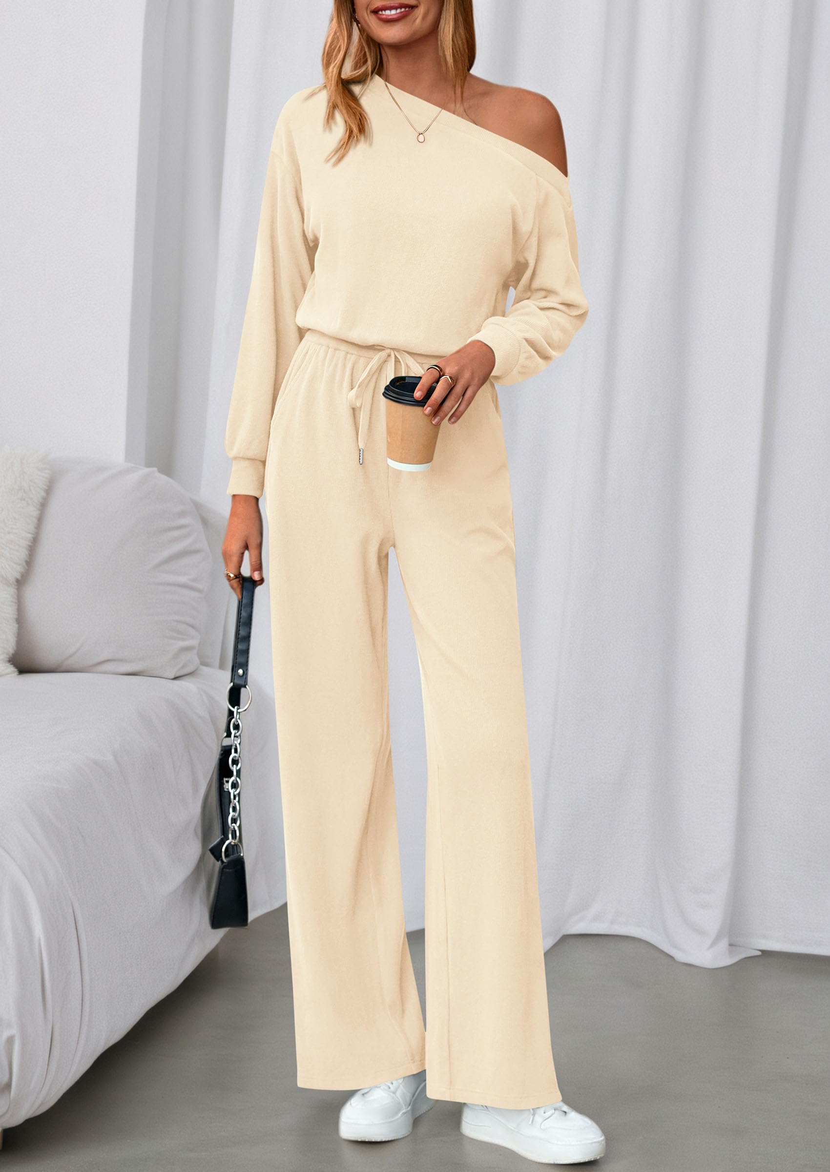 Womens Off Shoulder Long Sleeve Jumpsuit,Apricot,M