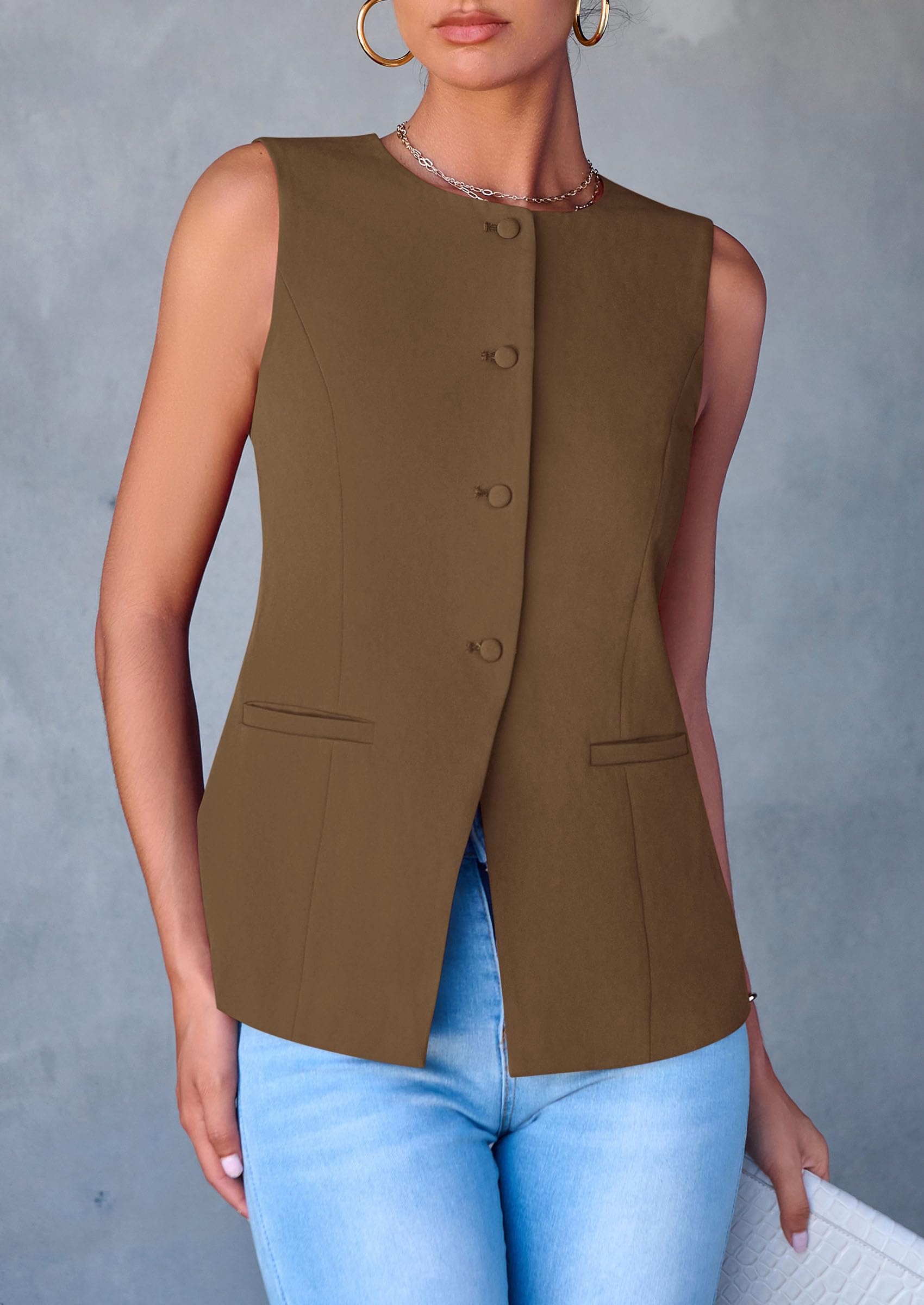 Women Tailored Suit Vest Business Casual Tops, Coffee,S