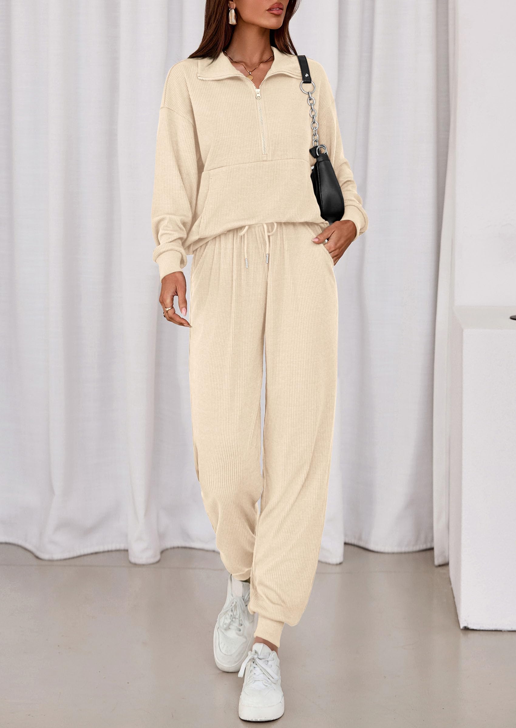 Airport Travel Outfit Women Ribbed Knit Matching Lounge Sets