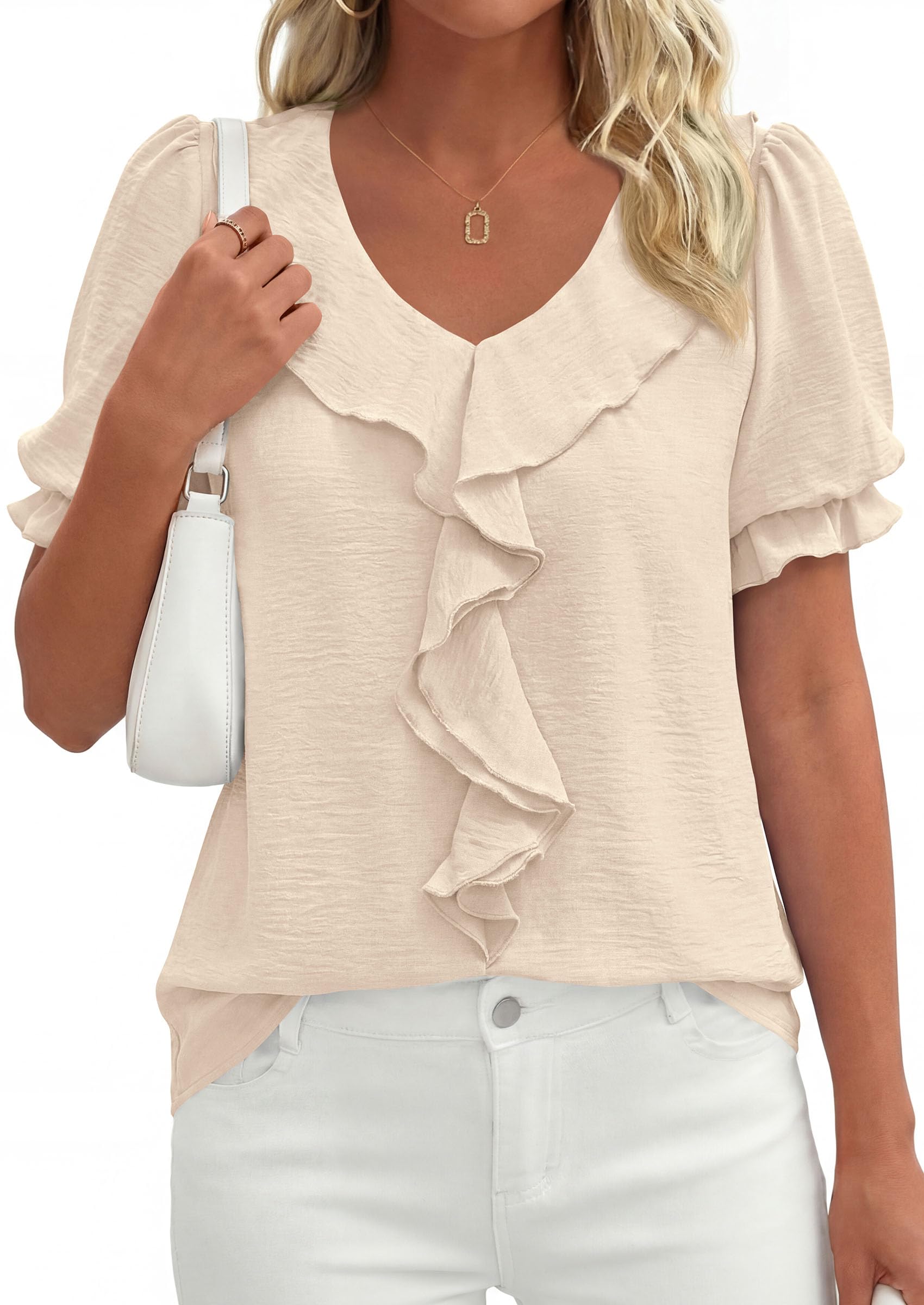 Women's Summer Ruffle Dressy Casual Blouses (Beige,S)