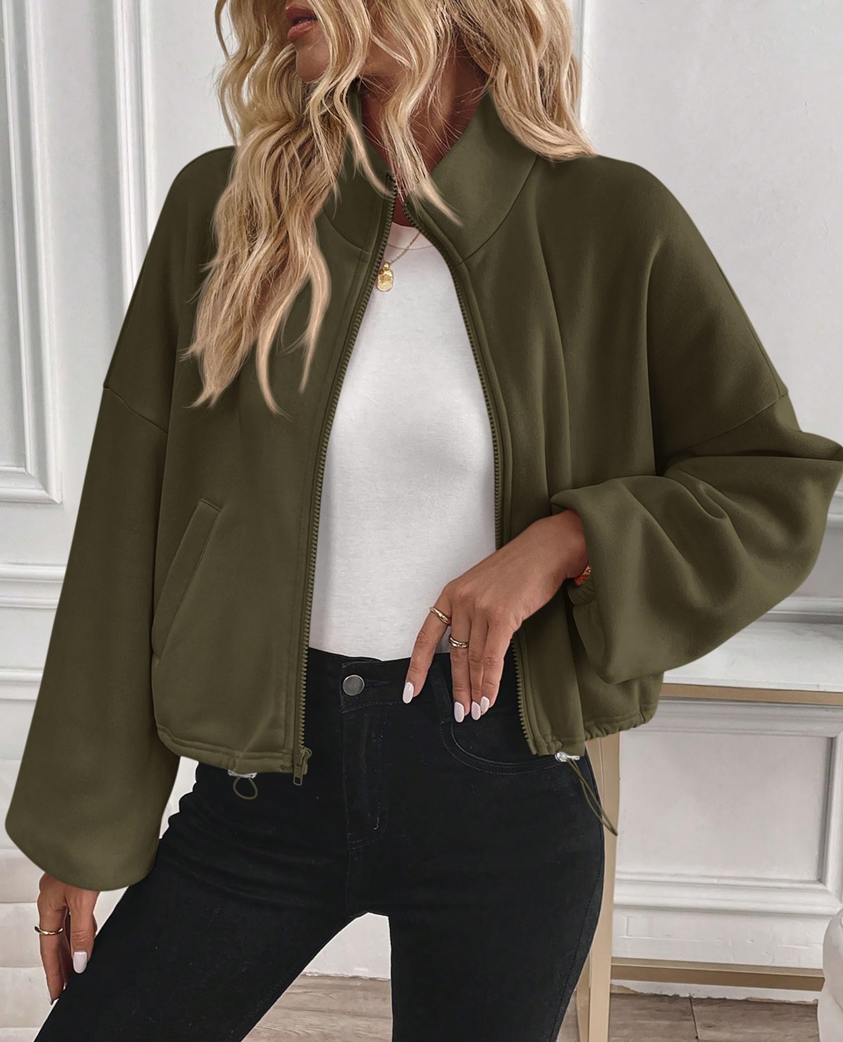 Women's Cropped Jacket Zip Up Fleece Sweatshirt Fall Outfits