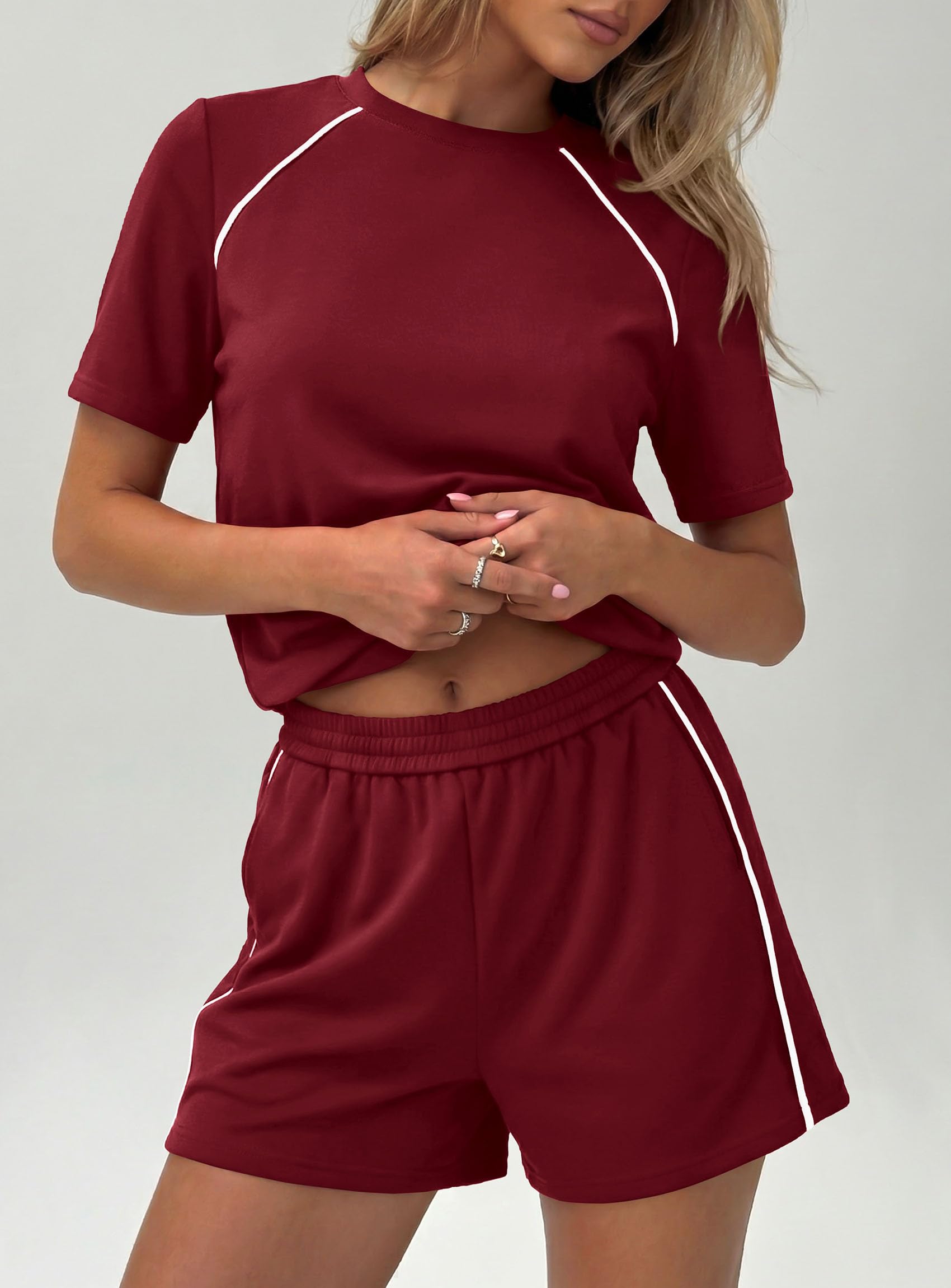 Womens 2 Piece Short Sets Casual Summer Outfits, Burgundy,S