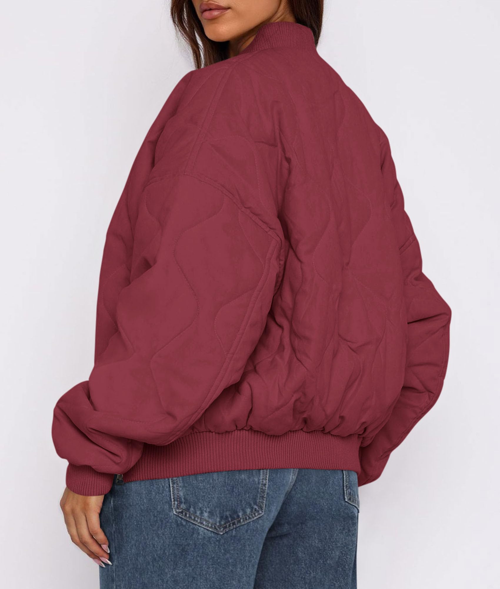 Women's Quilted Bomber Jacket Fall Fashion 2026 Lightweight Cropped Zip up Outerwear Winter Puffer Coats Pockets (Burgundy,Small)