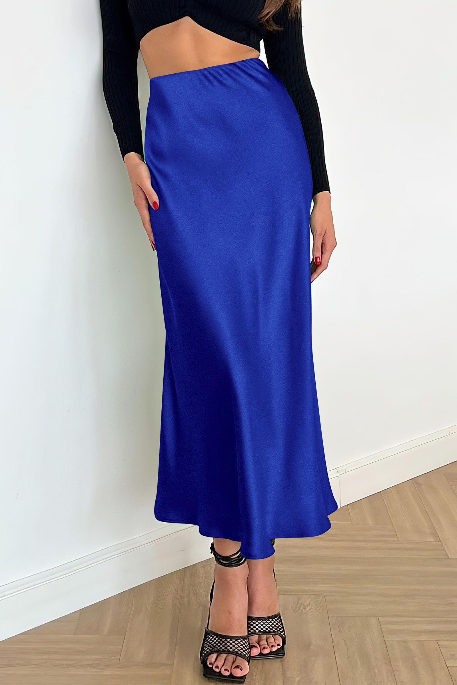 Women's Satin Midi Skirts Dressy Casual,Royal Blue,S
