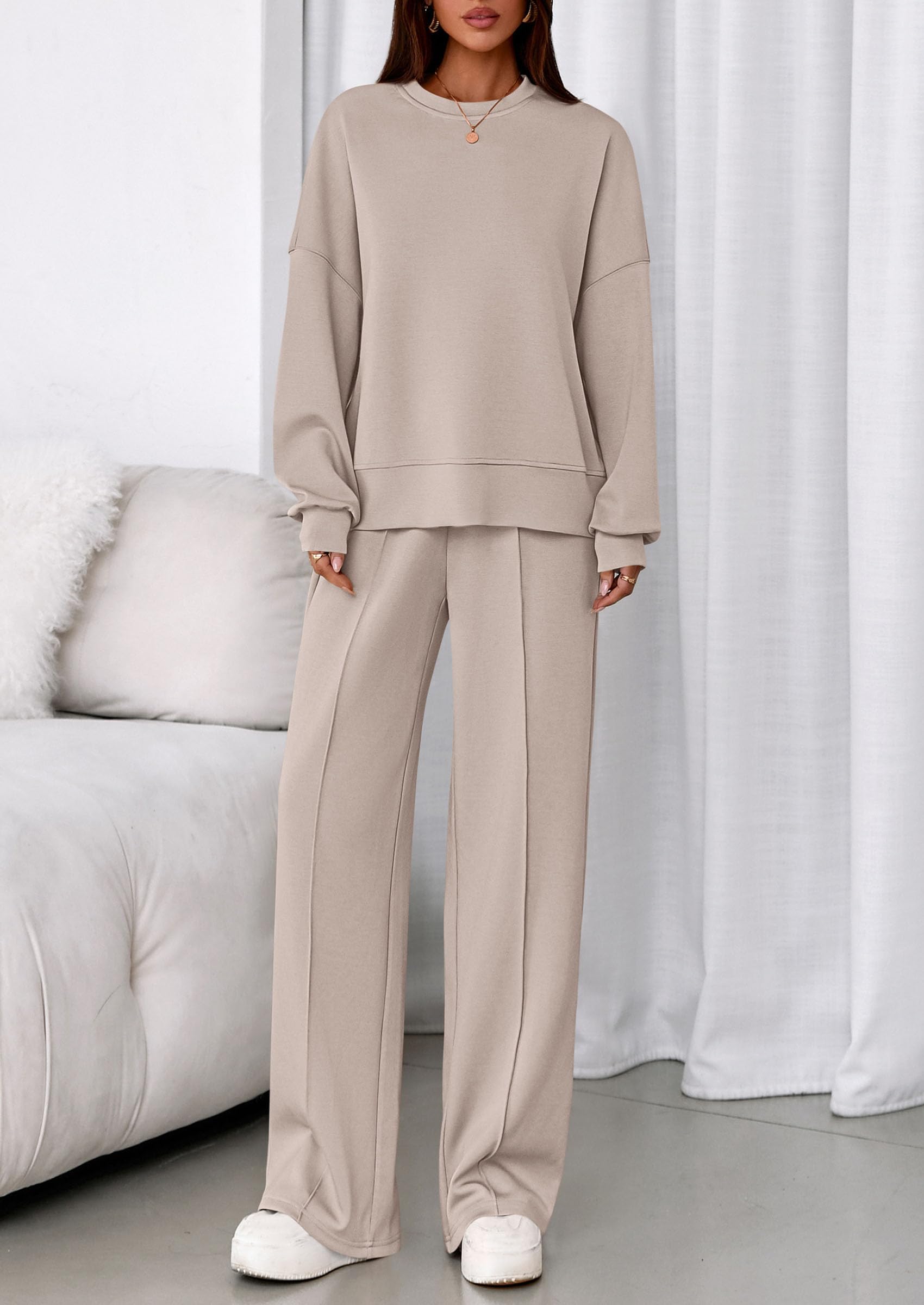 Womens Long Sleeve Sweatshirt 2 Piece Sets,Apricot,S