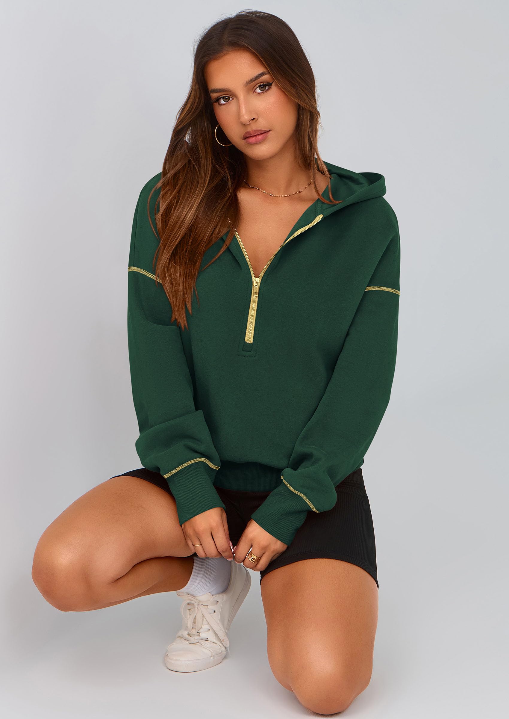 Women's Fall Half Zip Cropped Hoodie Sweatshirt Dark Green