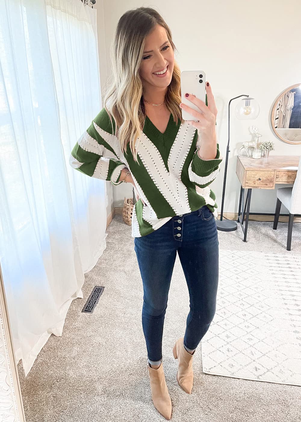 Women's V Neck Striped Knit Pullover Sweater