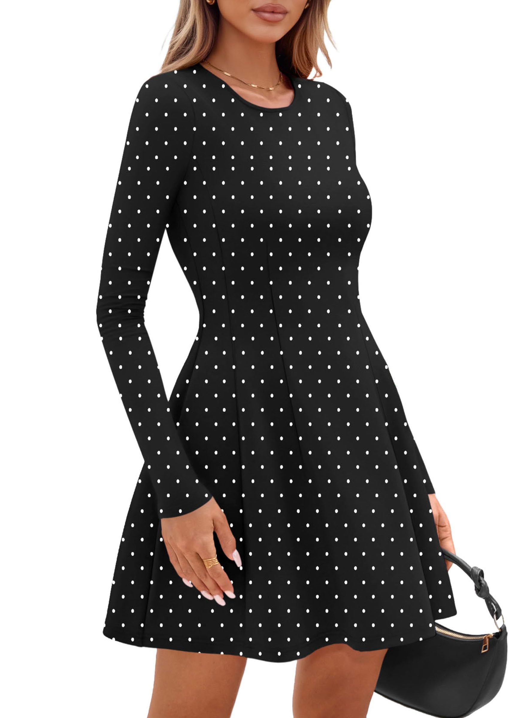 Womens Long Sleeve Pleated Mini Dress,Dot Black White,XS