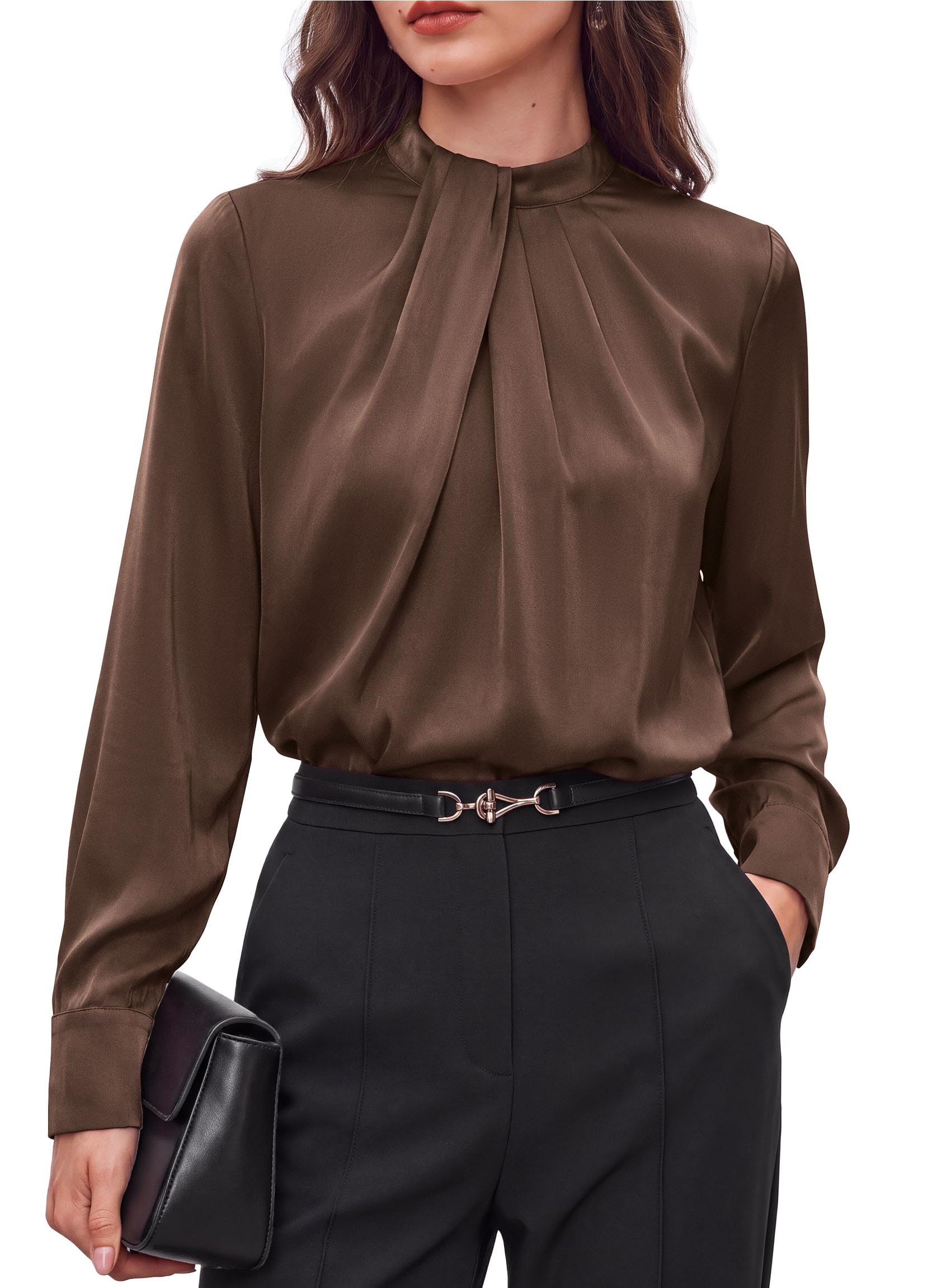 Satin Blouses for Women Dressy Casual Long Sleeve Shirts Brown