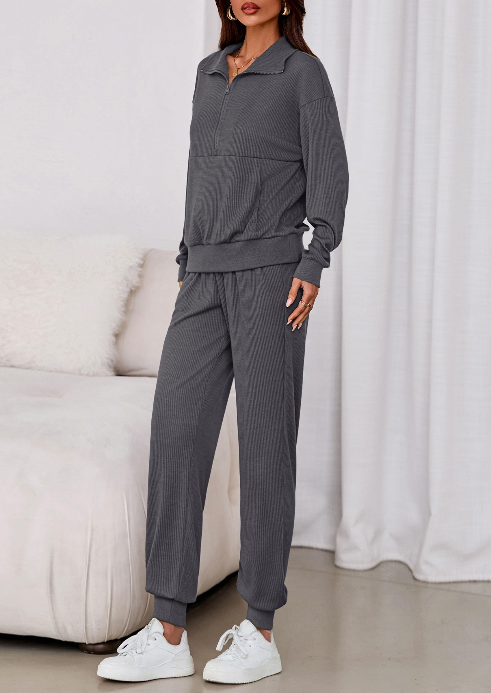 Airport Travel Outfit Women Ribbed Knit Matching Lounge Sets