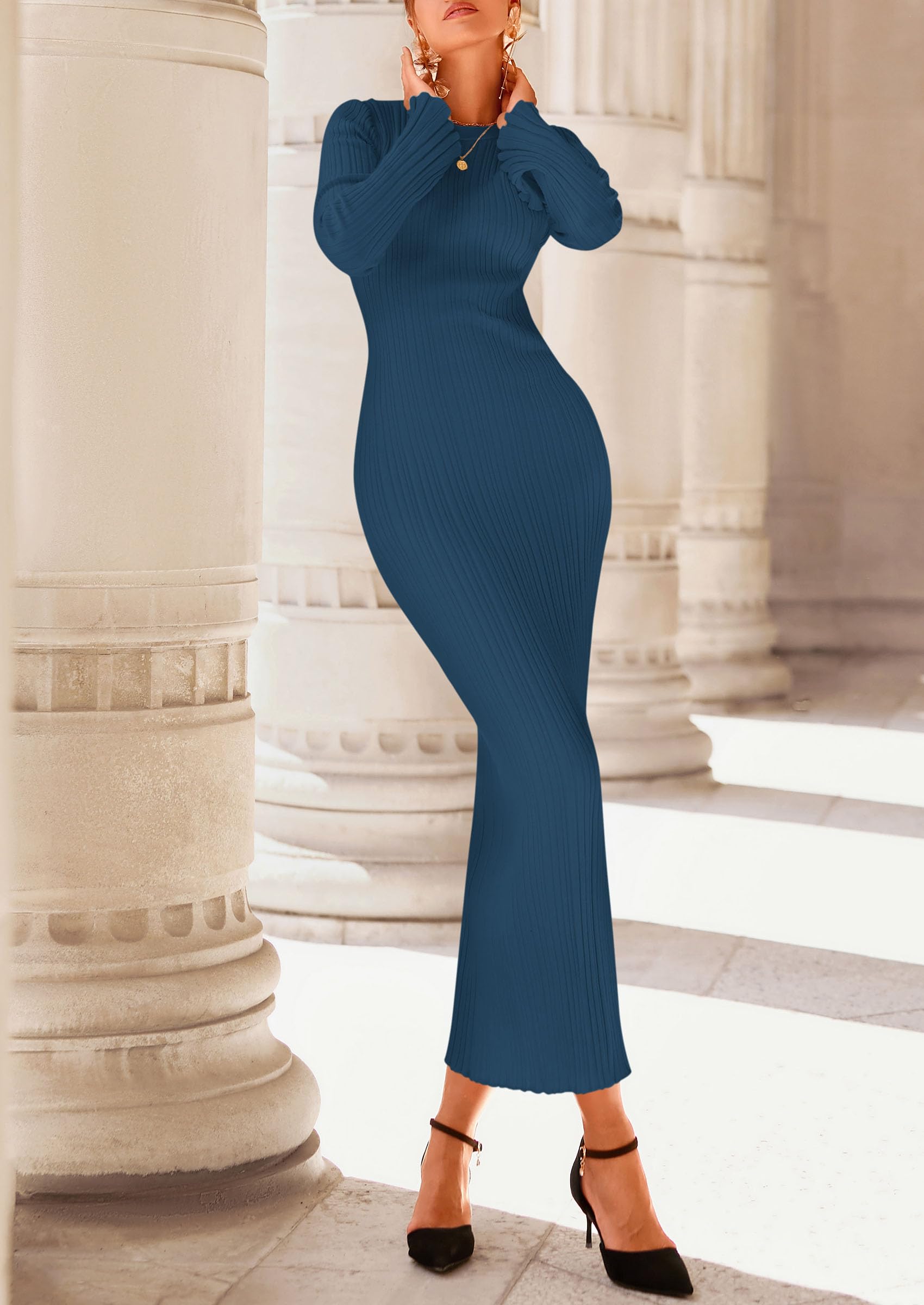 Women's Sweater Dress Long Sleeve Maxi Dresses,Dark Blue,S