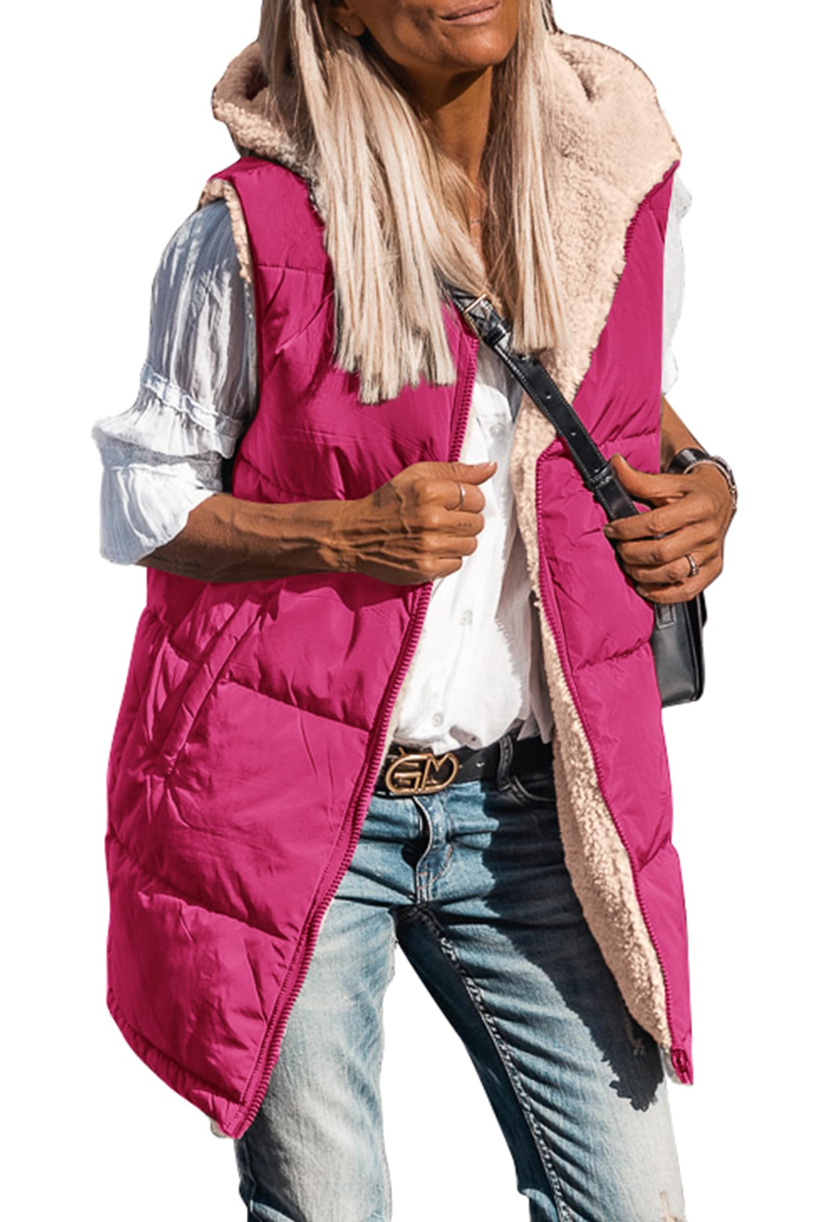 Women's Winter Reversible Fleece Long Vests(Rose Red,S)