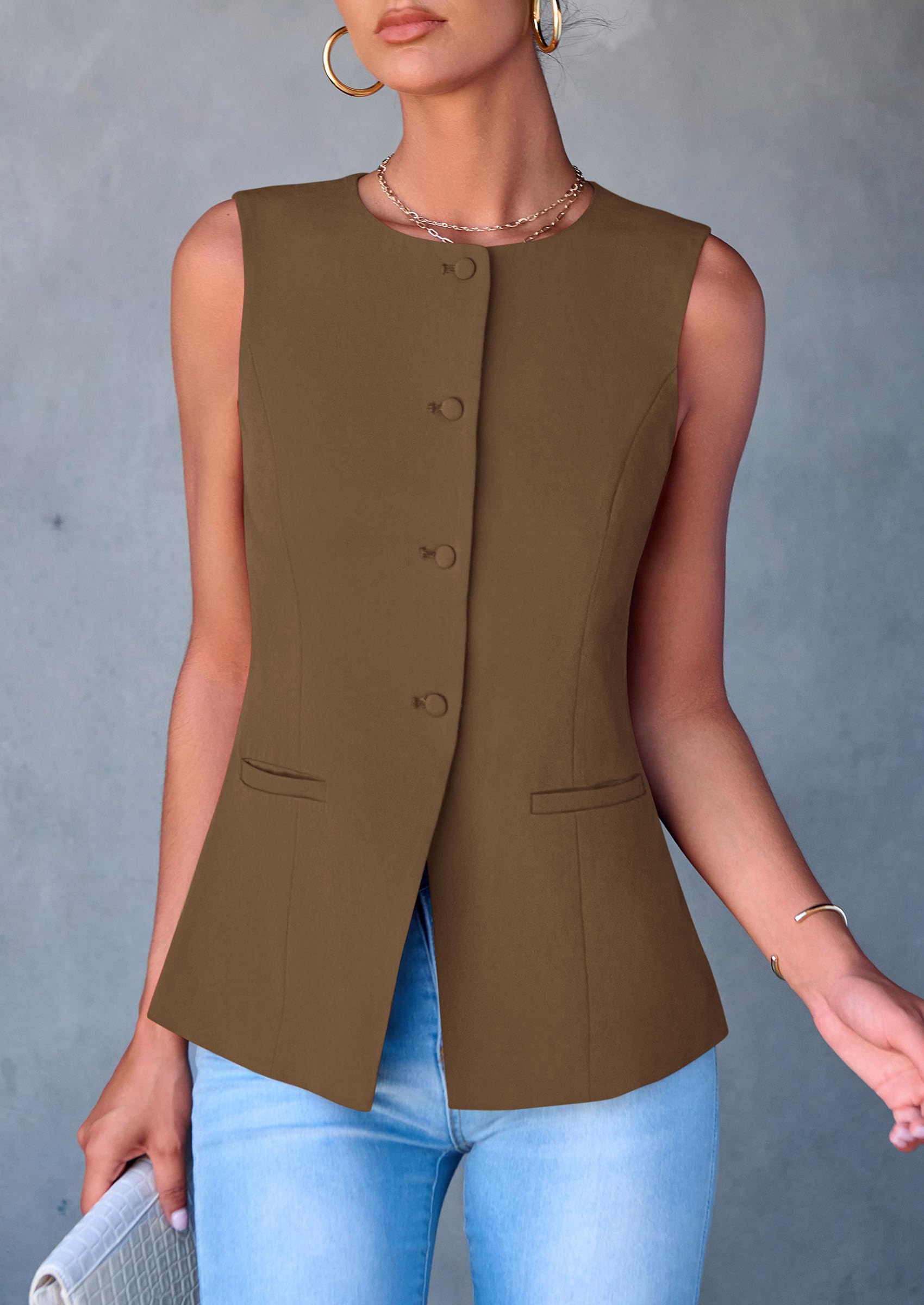 Women Tailored Suit Vest Business Casual Tops, Coffee,S