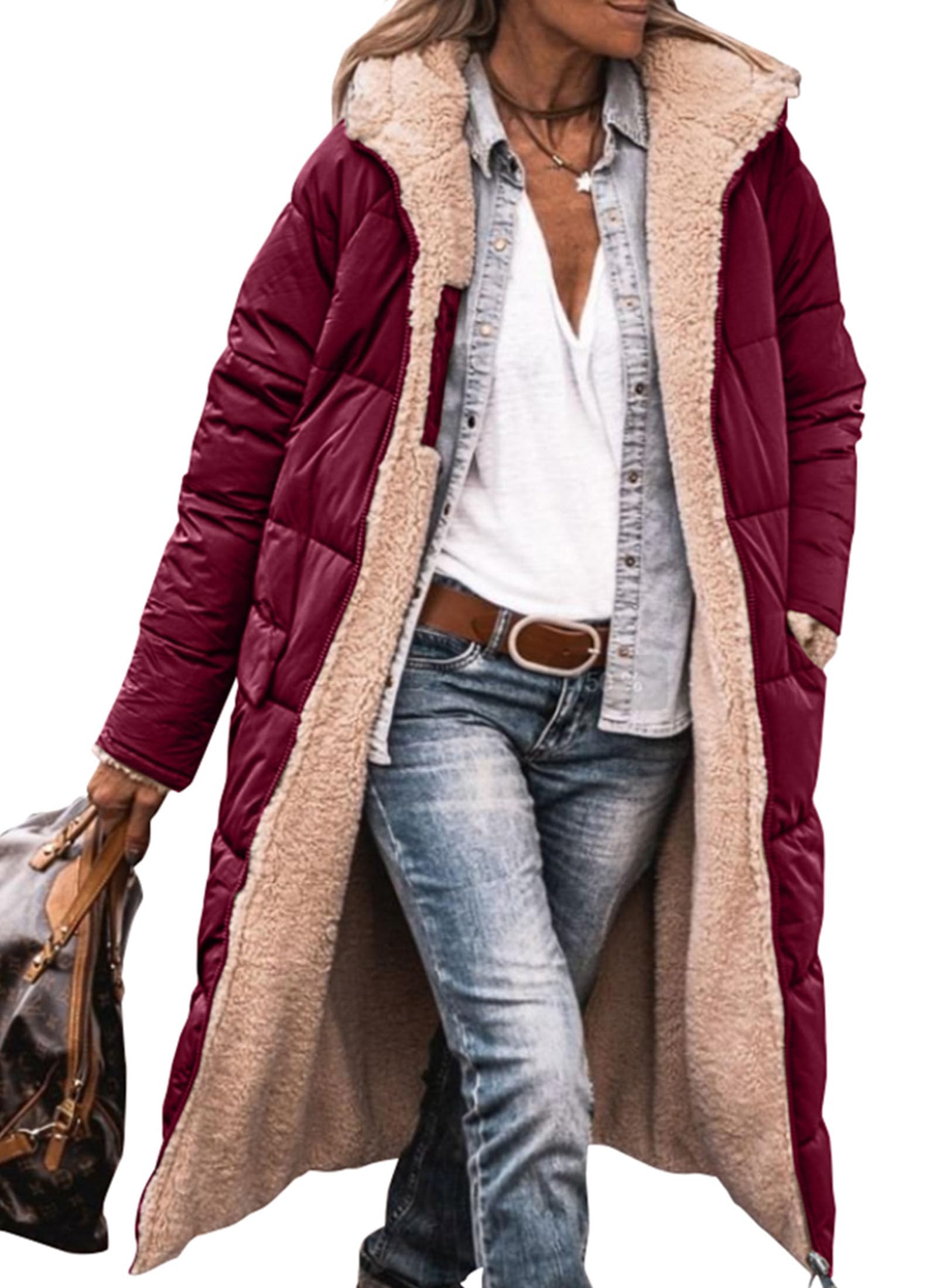 Women's Winter Fleece Warm Long Coats(Wine Red,Small)