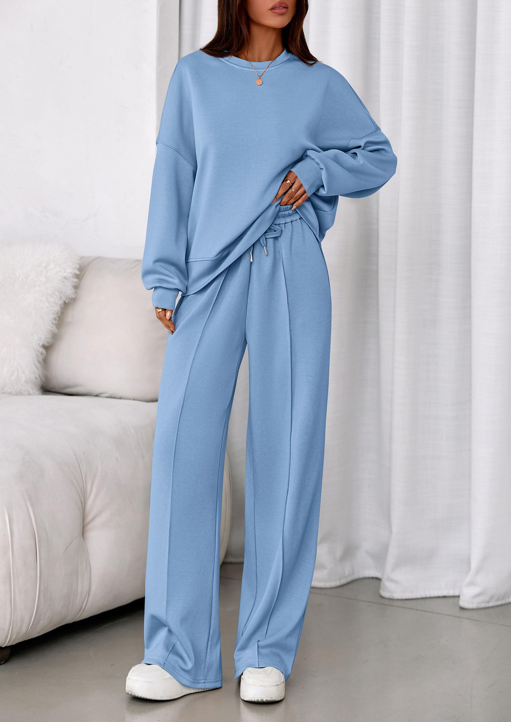 Womens Long Sleeve Sweatshirt 2 Piece Sets,Light Blue,S