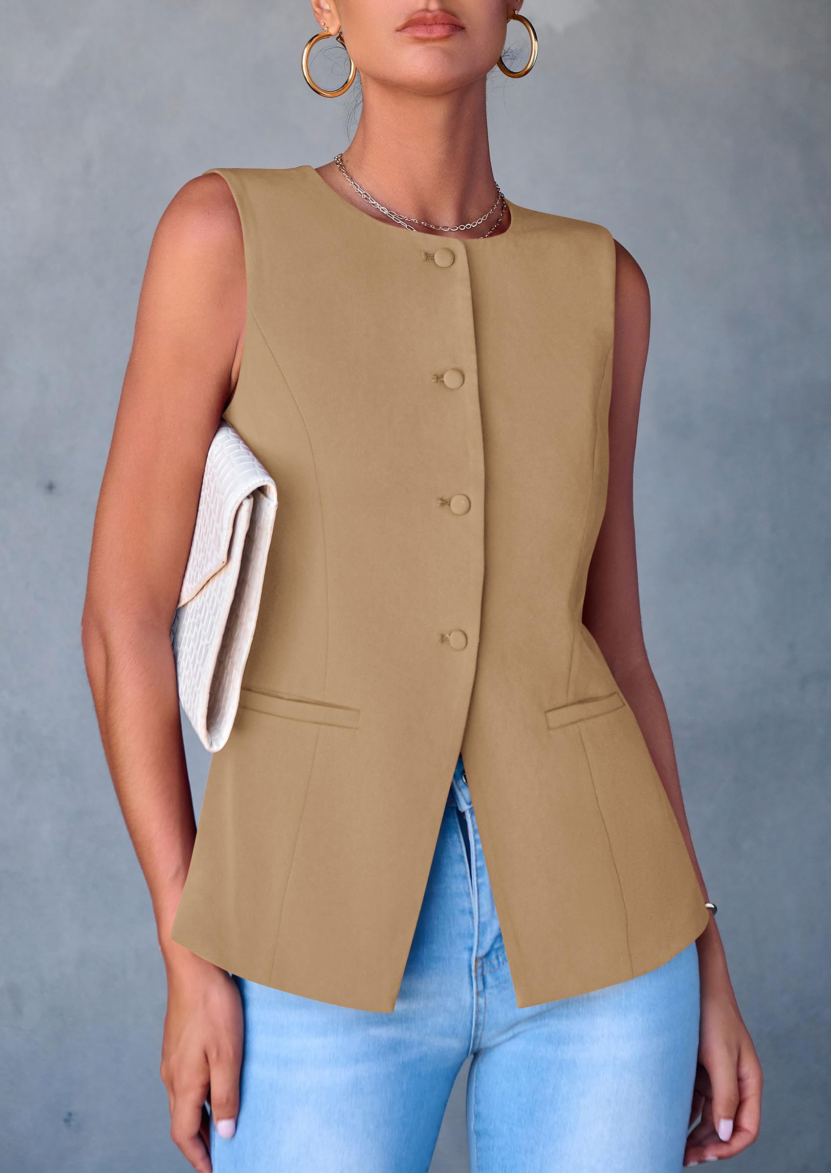 Women Tailored Suit Vest Business Casual Tops, Light Khaki,S