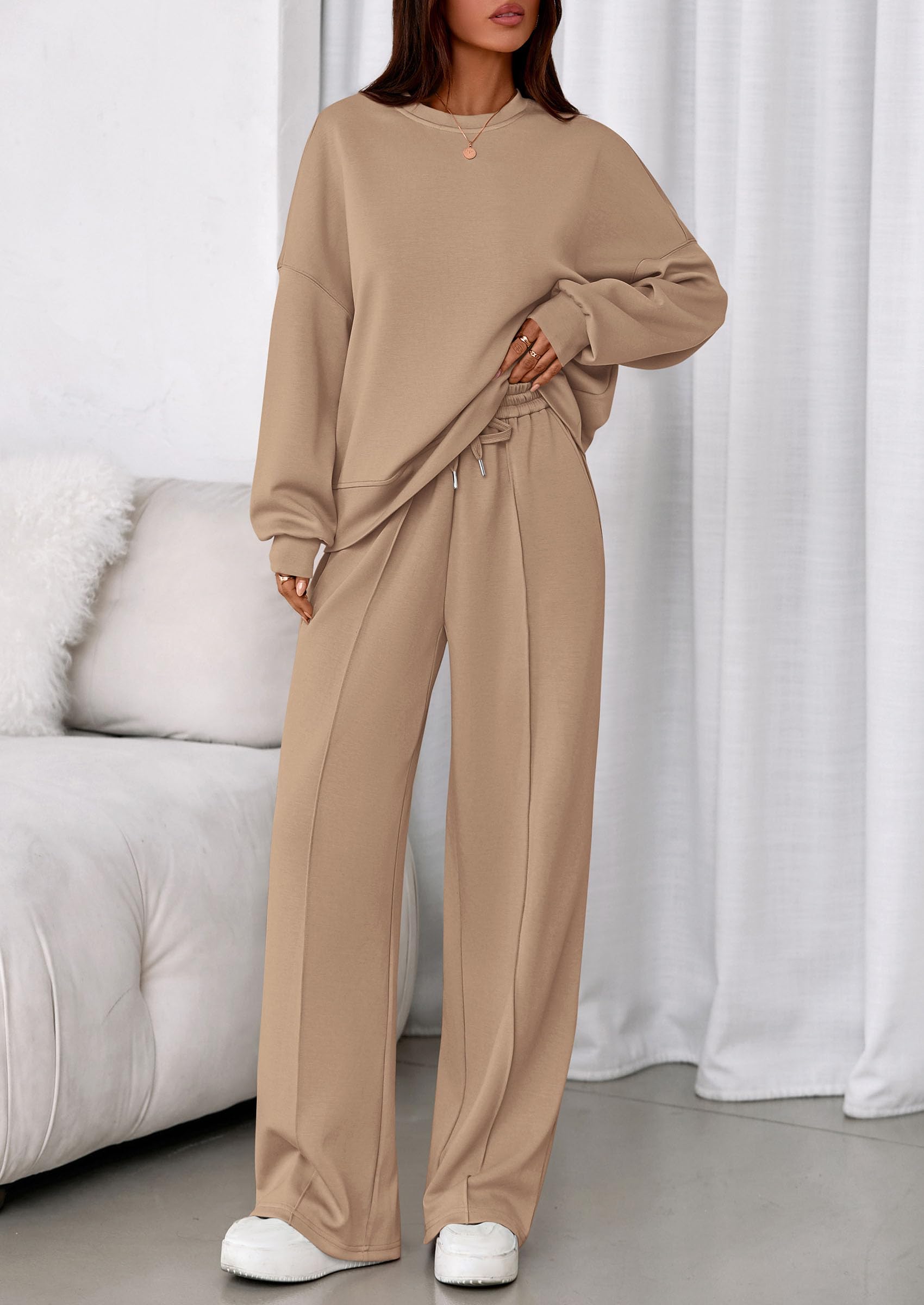 Womens Long Sleeve Sweatshirt 2 Piece Sets,Khaki,S