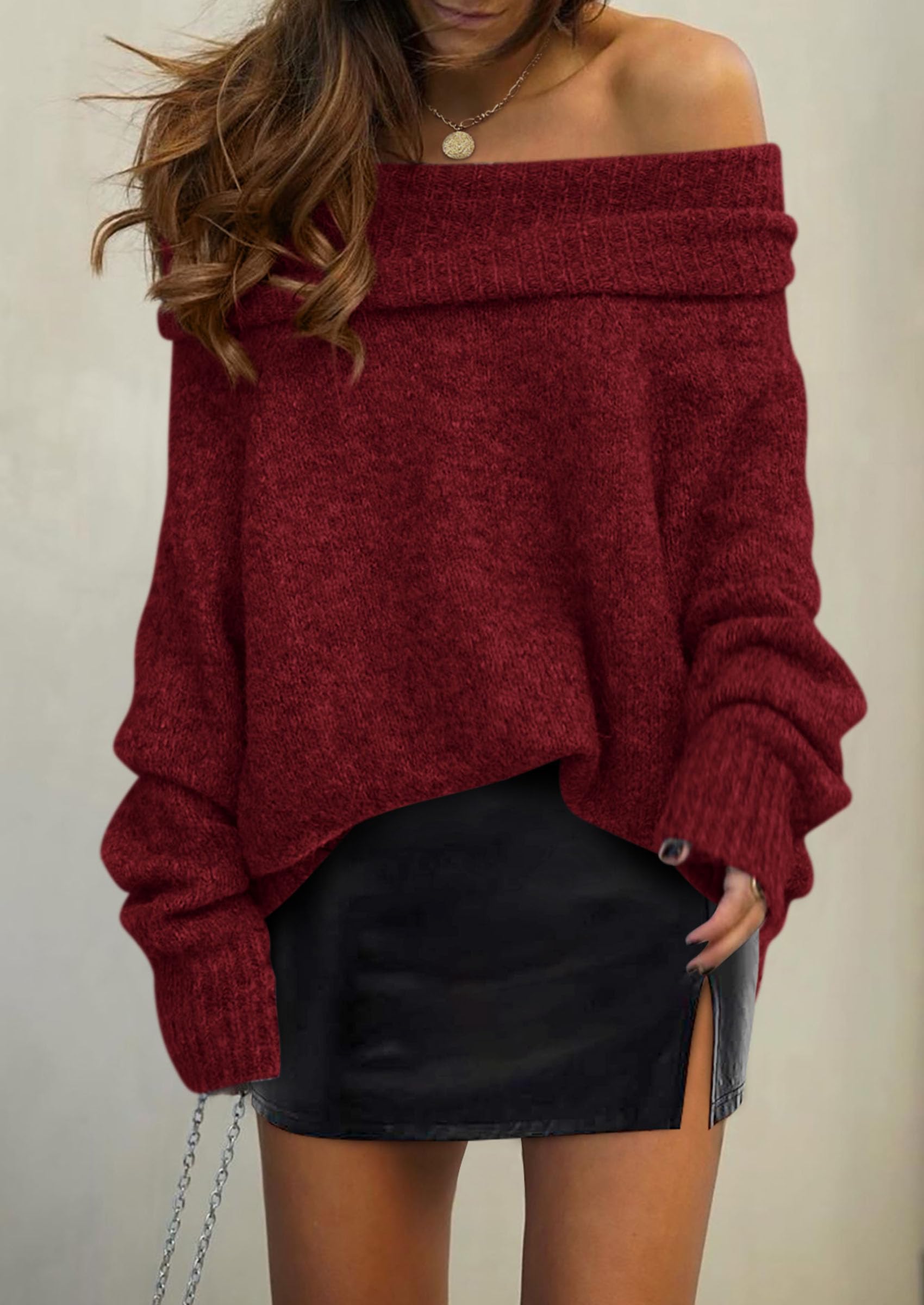 Women's Fall Off The Shoulder Sweater,Wine Red,S