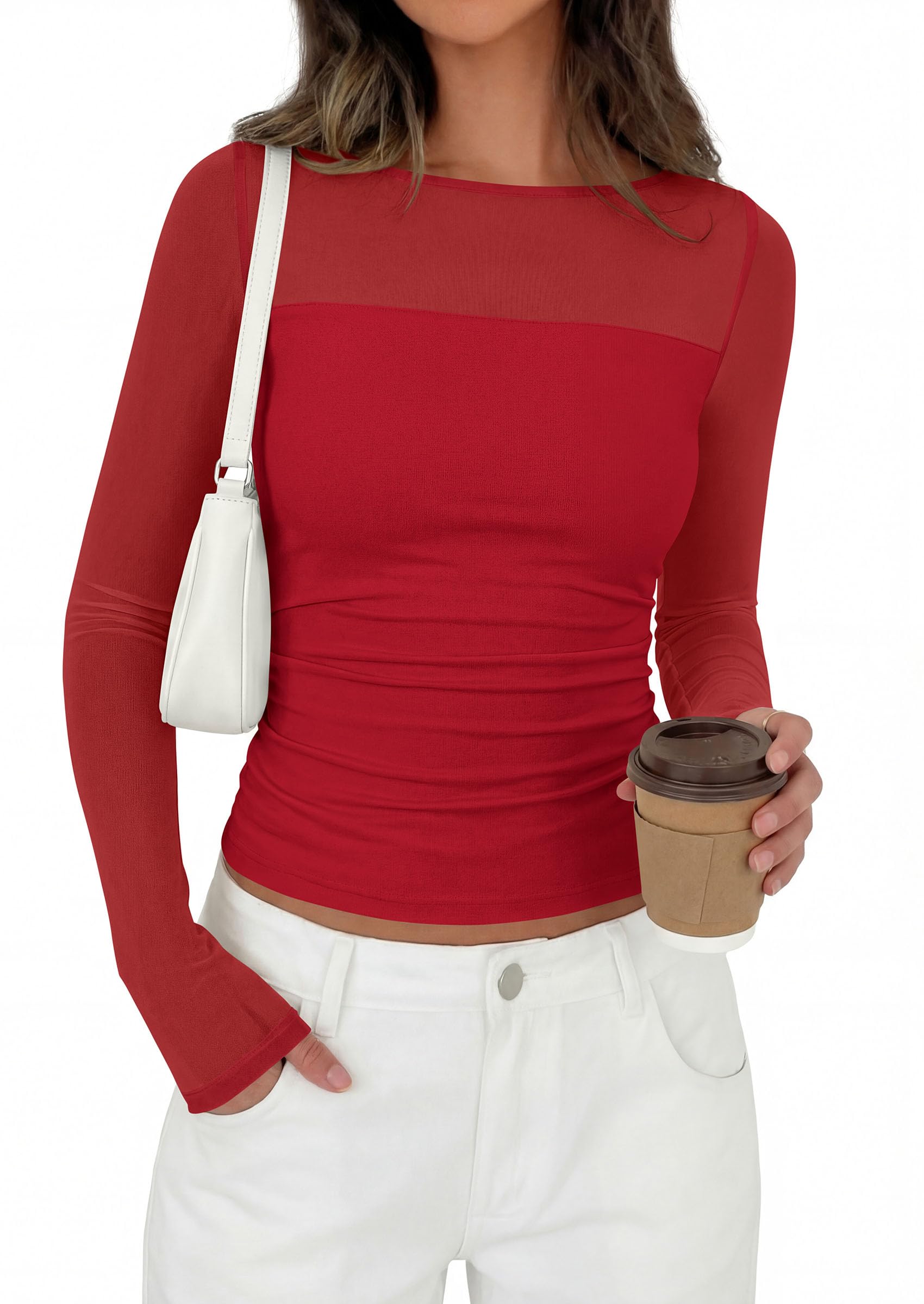 Women's Sheer Mesh Long Sleeve Going Out Tops (Red,S)