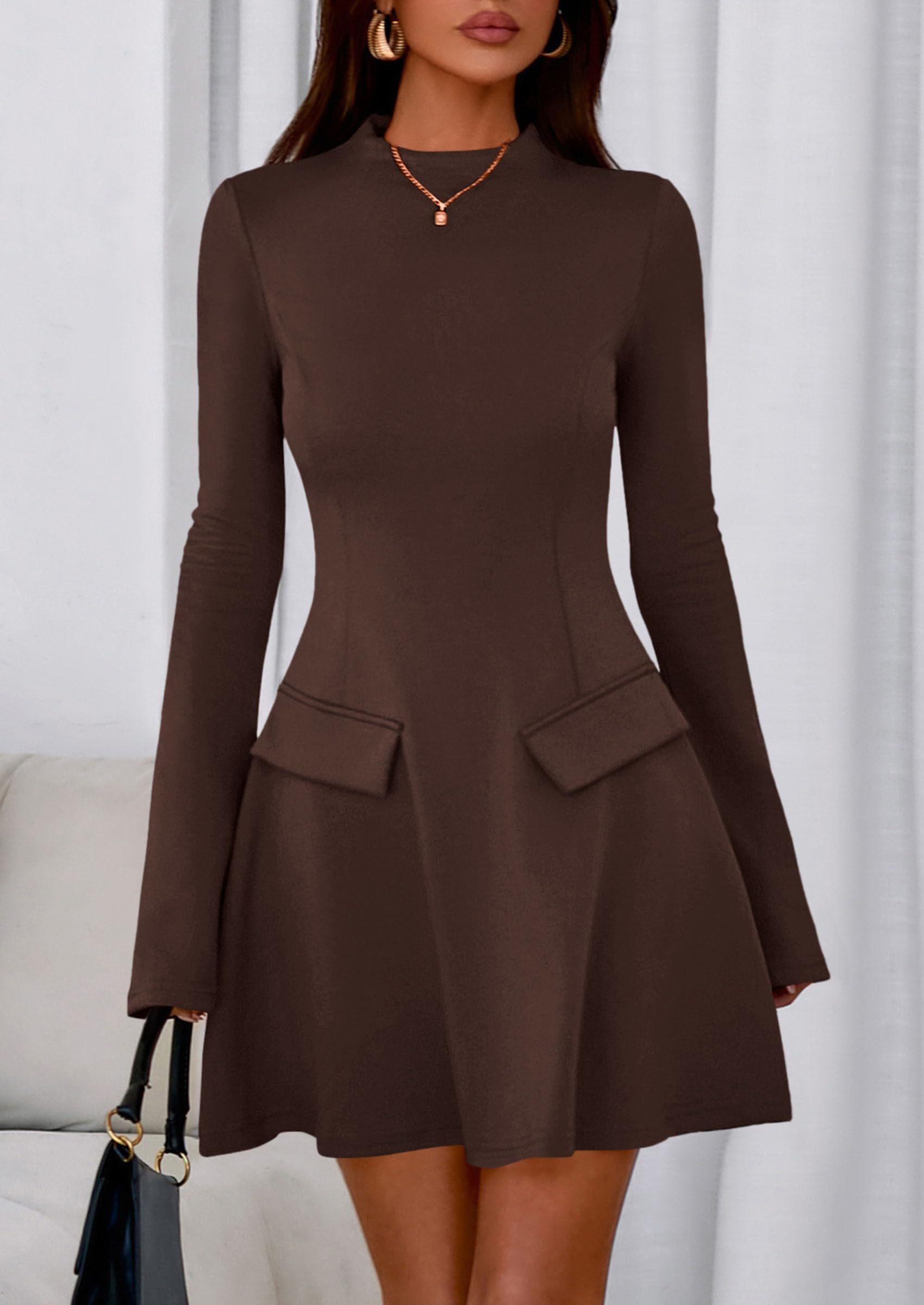 Women's Fall Bell Sleeve Short Dress,Brown,XS