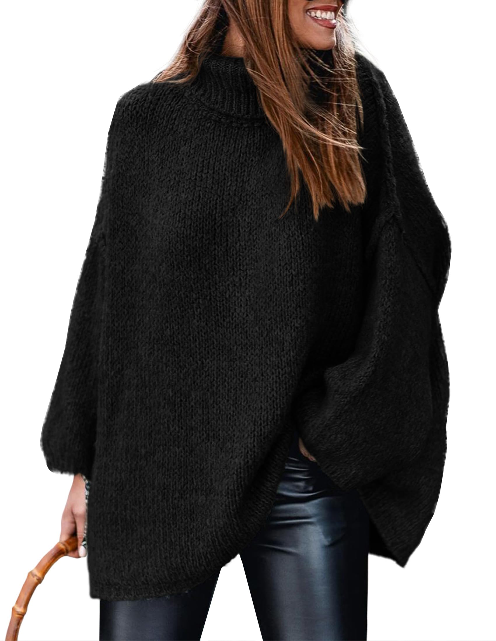 Womens Turtleneck Long Sleeve Oversized Sweaters,Black,S