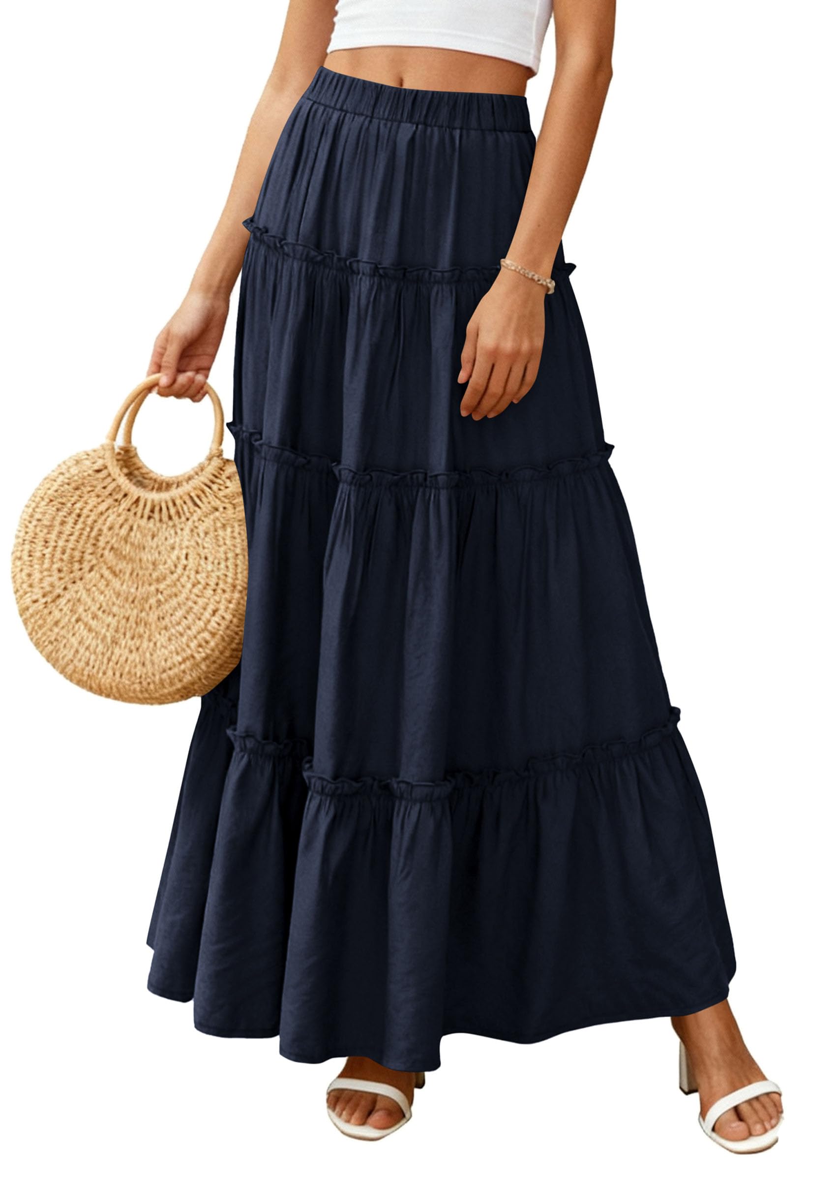 Women's Boho Tiered Ruffle Flowy Maxi Skirt, Navy Blue,L