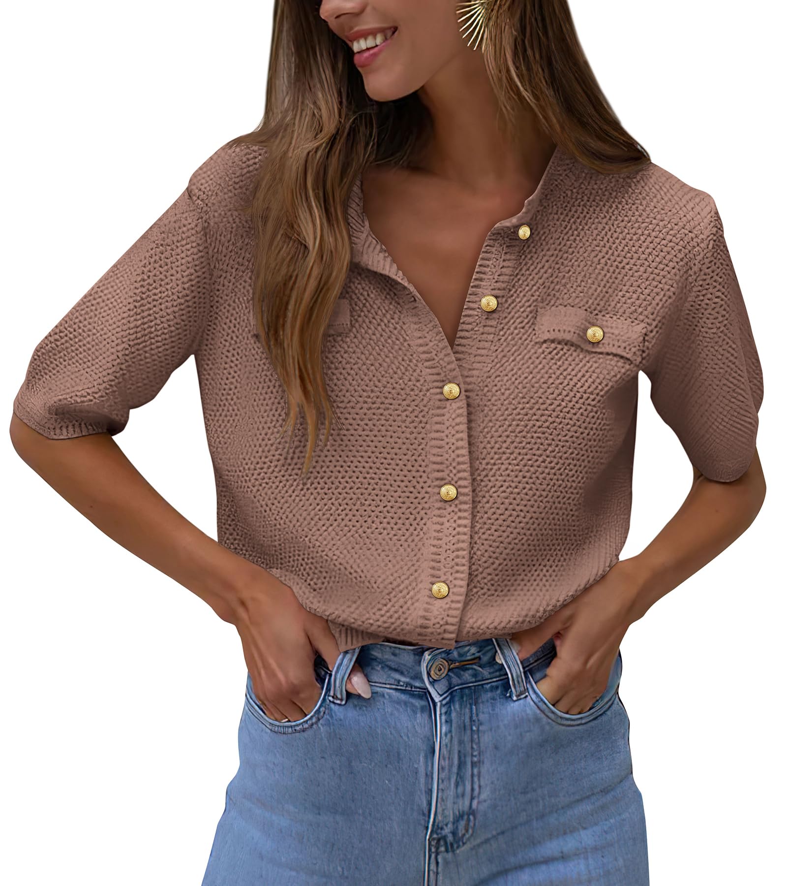 Women's Summer Casual Button Down Shirts Khaki,Medium