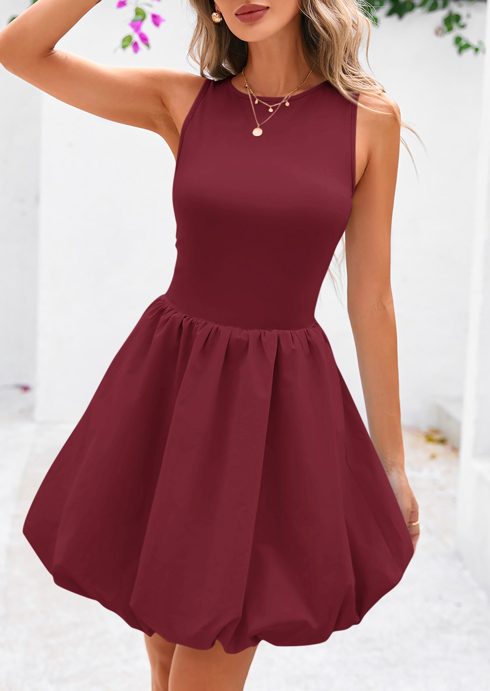 Womens Summer Bubble Sleeveless Mini Dress,Wine Red,S