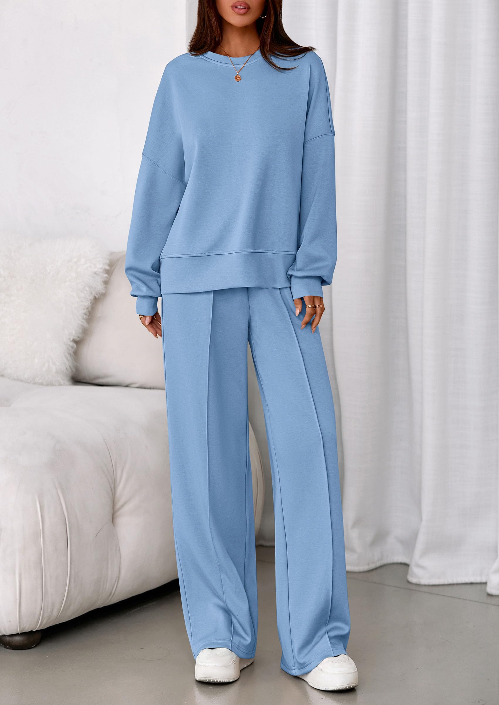 Womens Long Sleeve Sweatshirt 2 Piece Sets,Light Blue,S