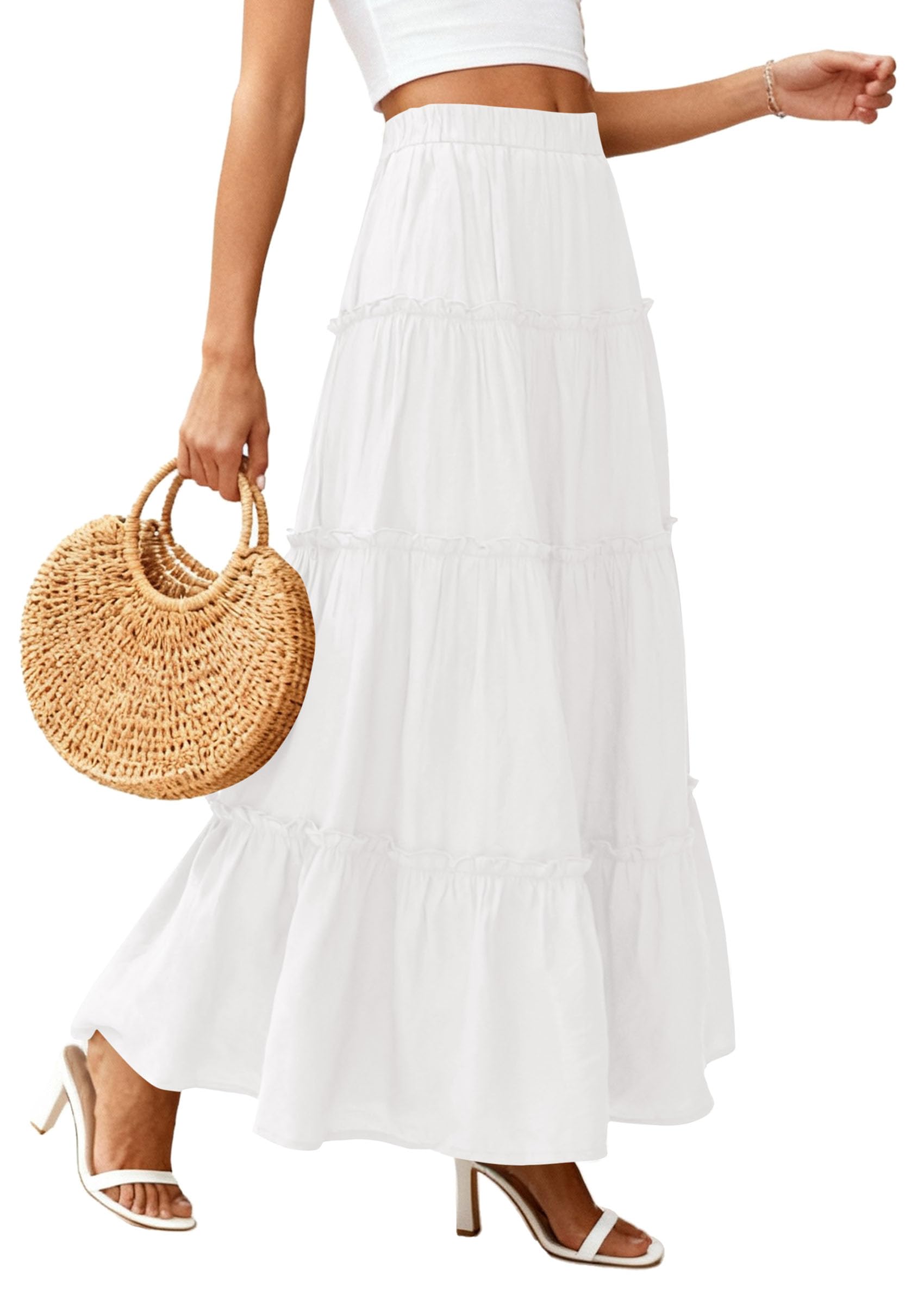 Women's Boho Tiered Ruffle Flowy Maxi Skirt, White,M