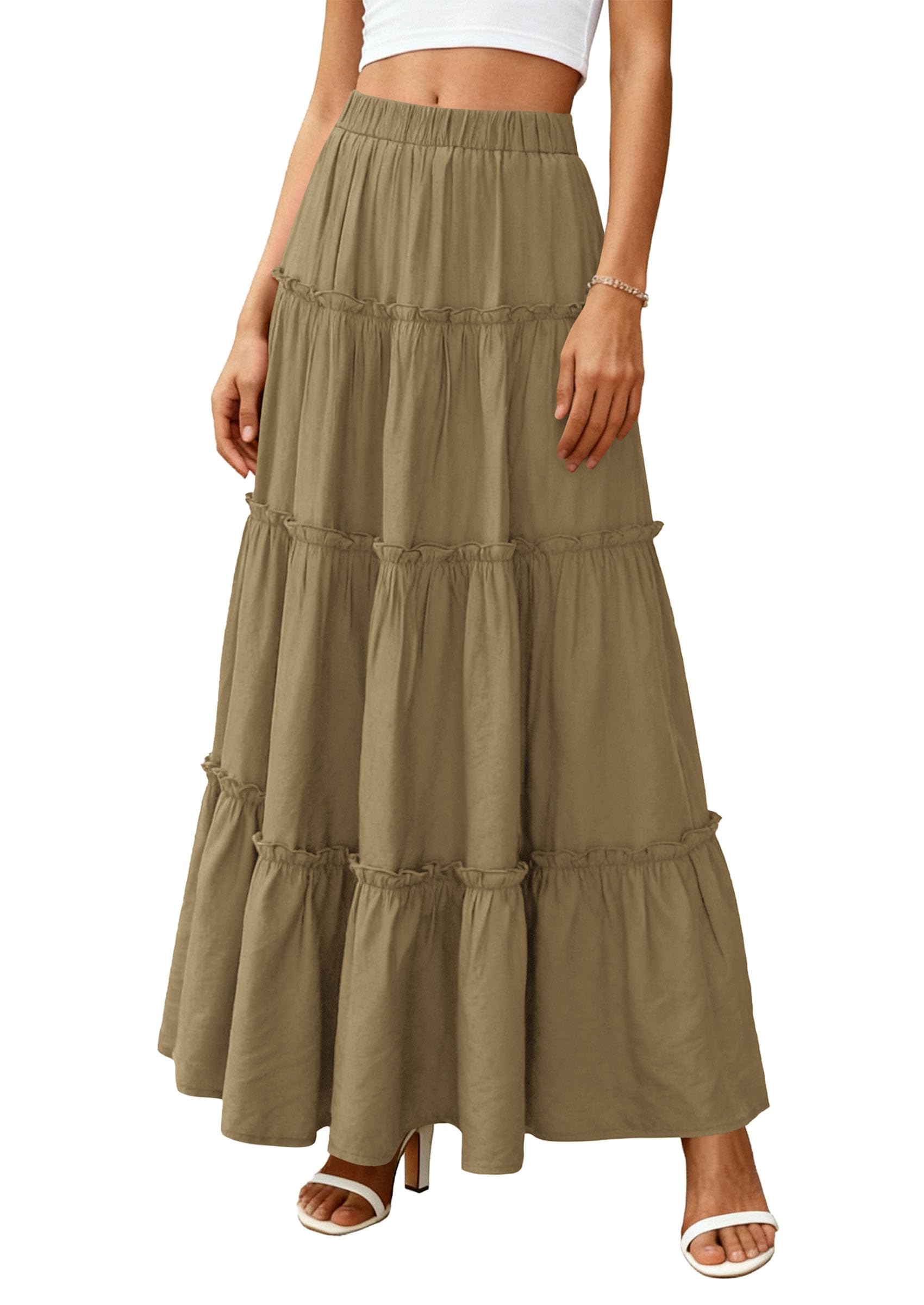 Women's Boho Tiered Ruffle Flowy Maxi Skirt, Army Green,S